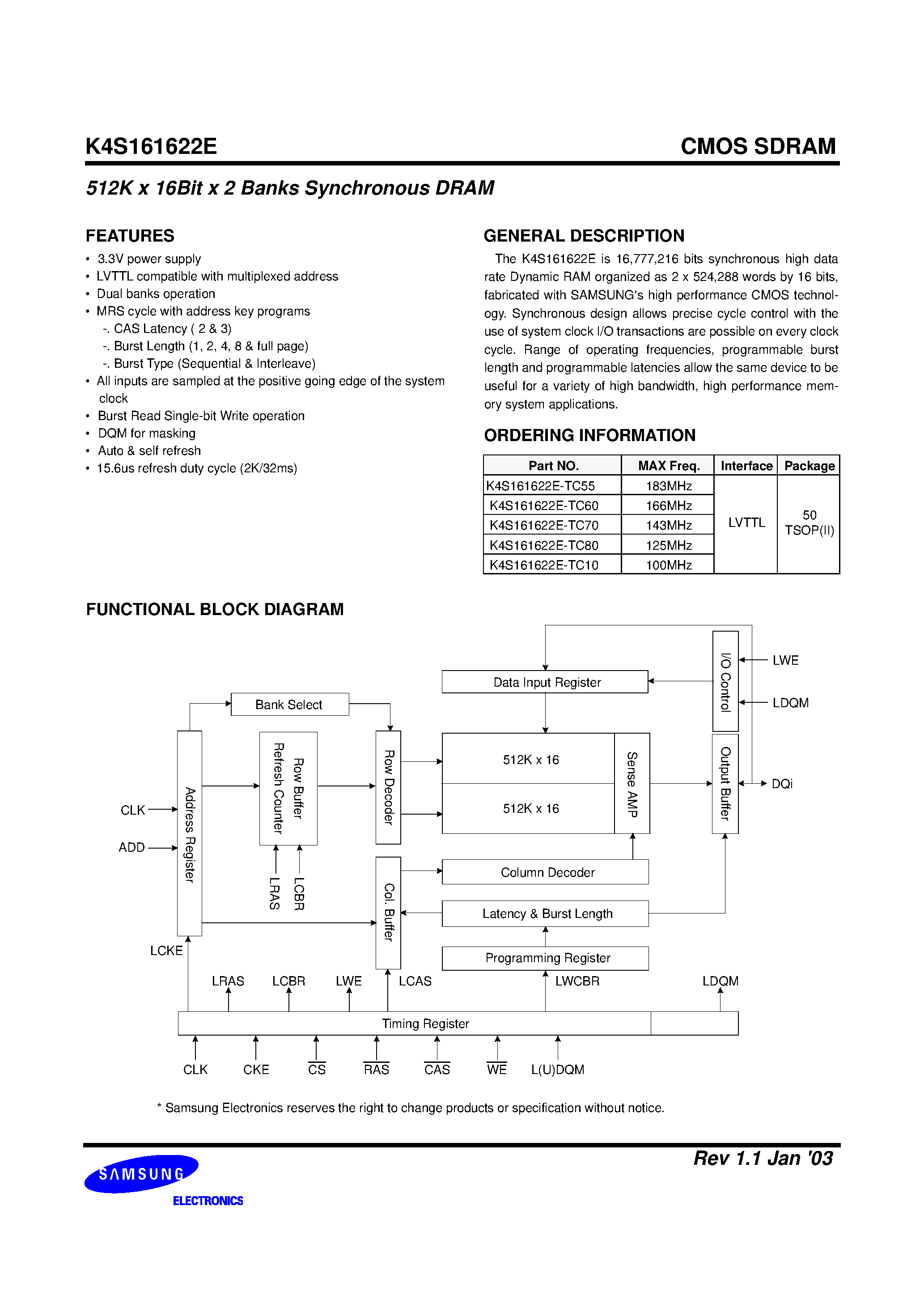 Даташит K4S161622E-TC55 - 1M x 16 SDRAM страница 2