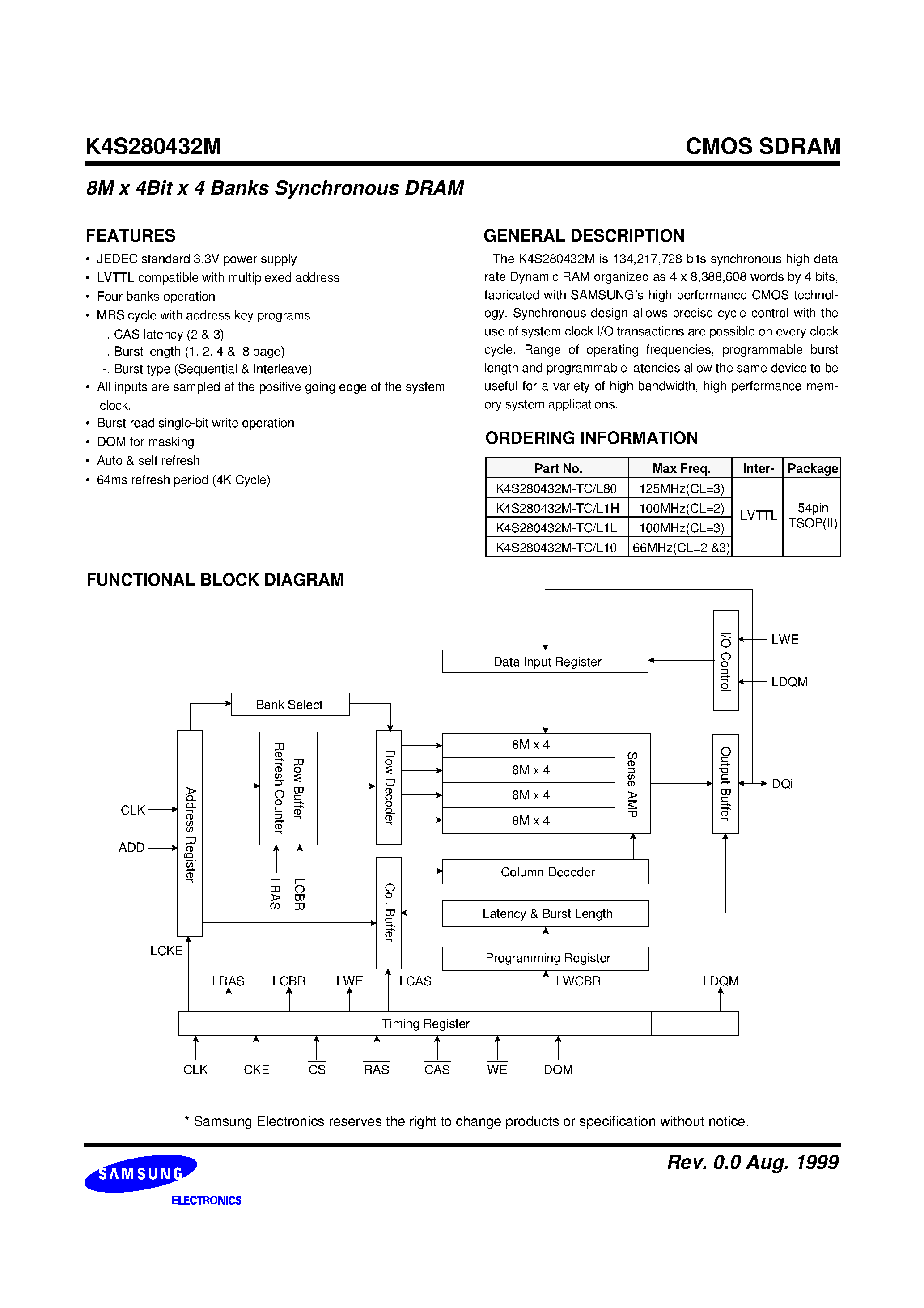 Datasheet K4S280432M - 128Mbit SDRAM 8M x 4Bit x 4 Banks Synchronous DRAM LVTTL page 2
