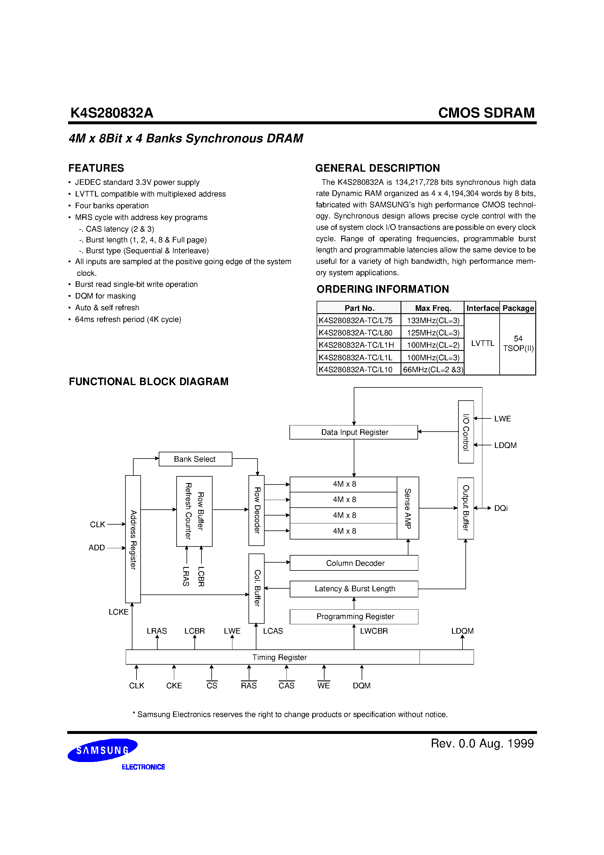Datasheet K4S280832A - 128Mbit SDRAM 4M x 8Bit x 4 Banks Synchronous DRAM LVTTL page 2