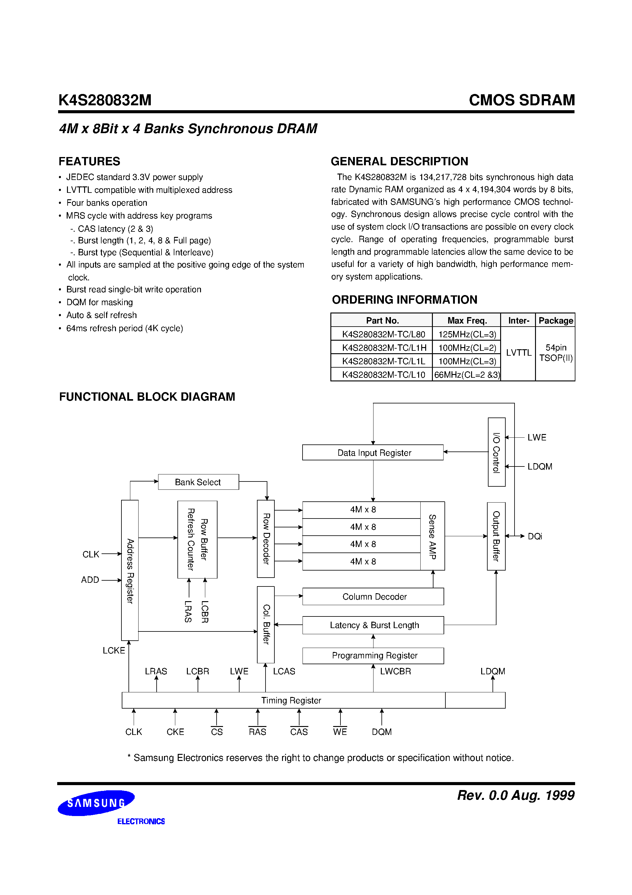 Datasheet K4S280832M - 128Mbit SDRAM 4M x 8Bit x 4 Banks Synchronous DRAM LVTTL page 2
