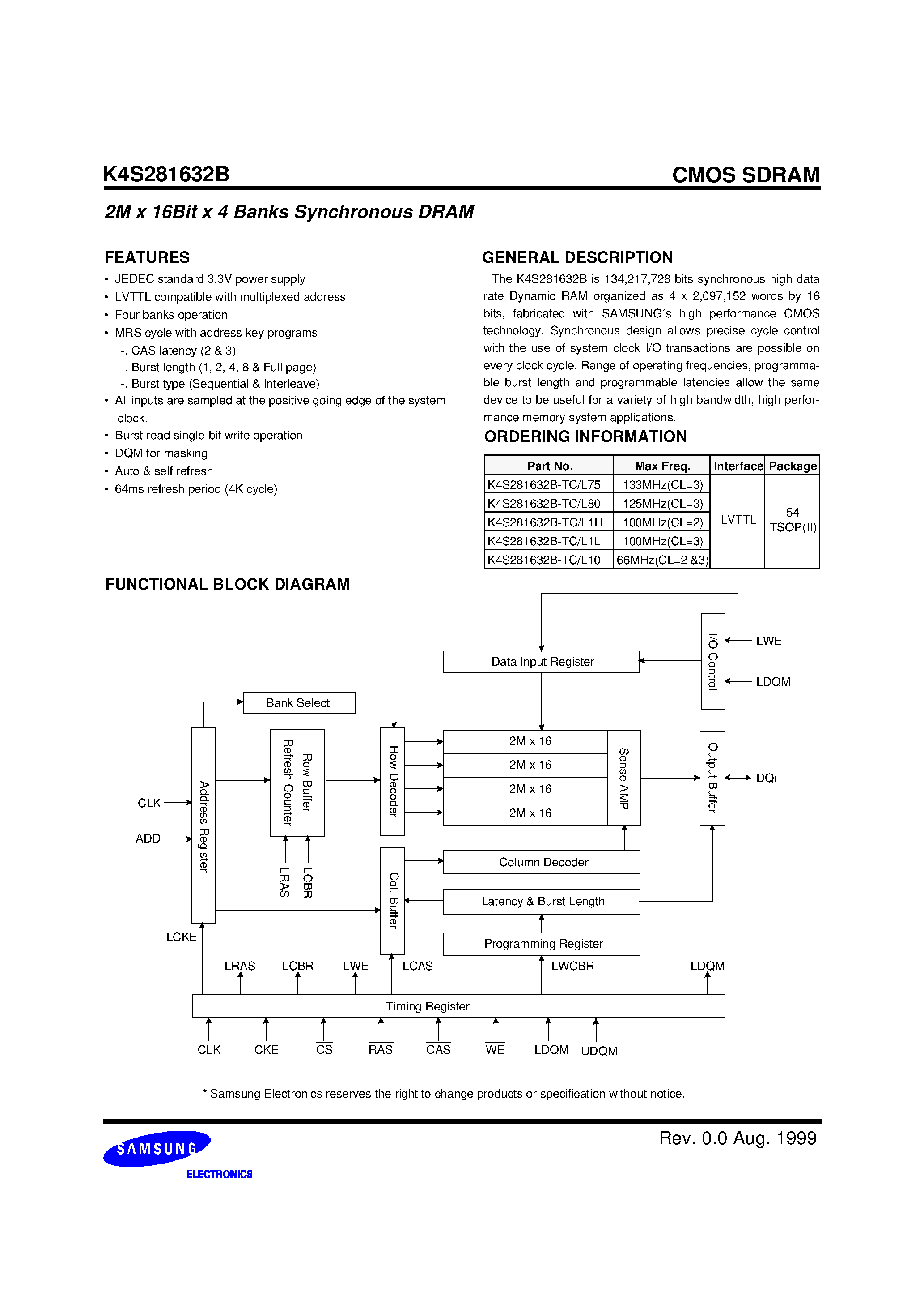 Datasheet K4S281632B-TL80 - 128Mbit SDRAM 2M x 16Bit x 4 Banks Synchronous DRAM LVTTL page 2
