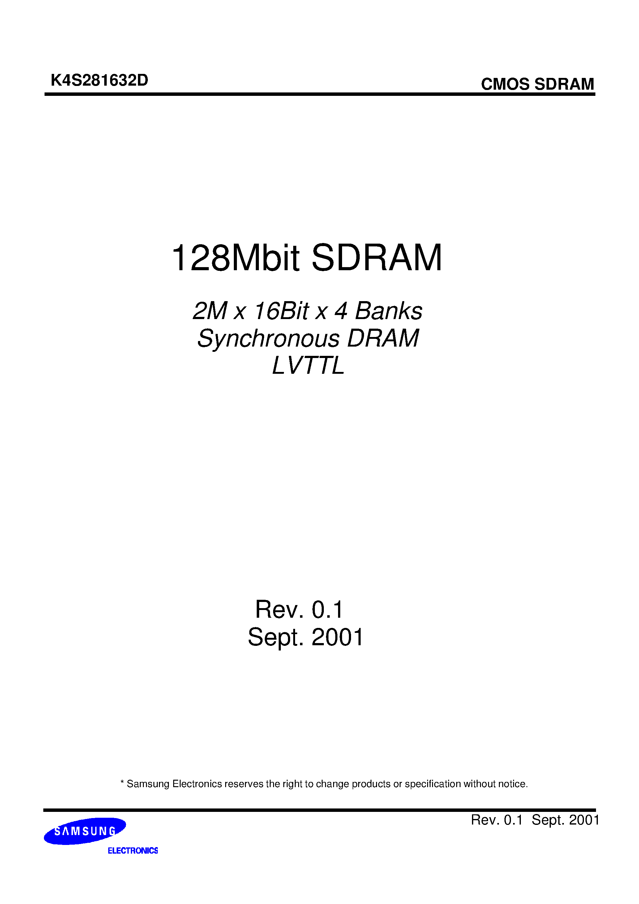 Даташит K4S281632D-TL75 - 128Mbit SDRAM 2M x 16Bit x 4 Banks Synchronous DRAM LVTTL страница 1