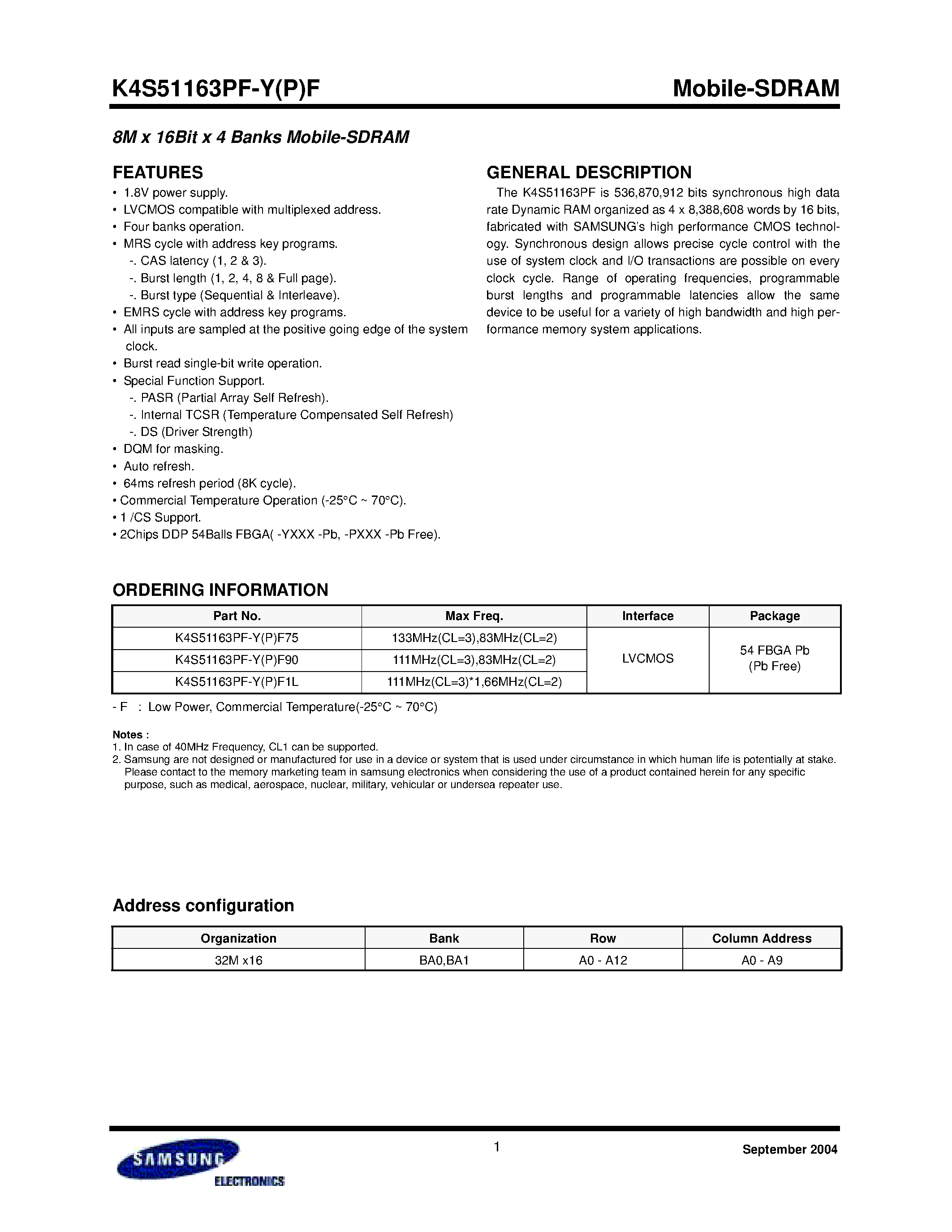 Datasheet K4S51163PF-YF - 8M x 16Bit x 4 Banks Mobile-SDRAM page 1