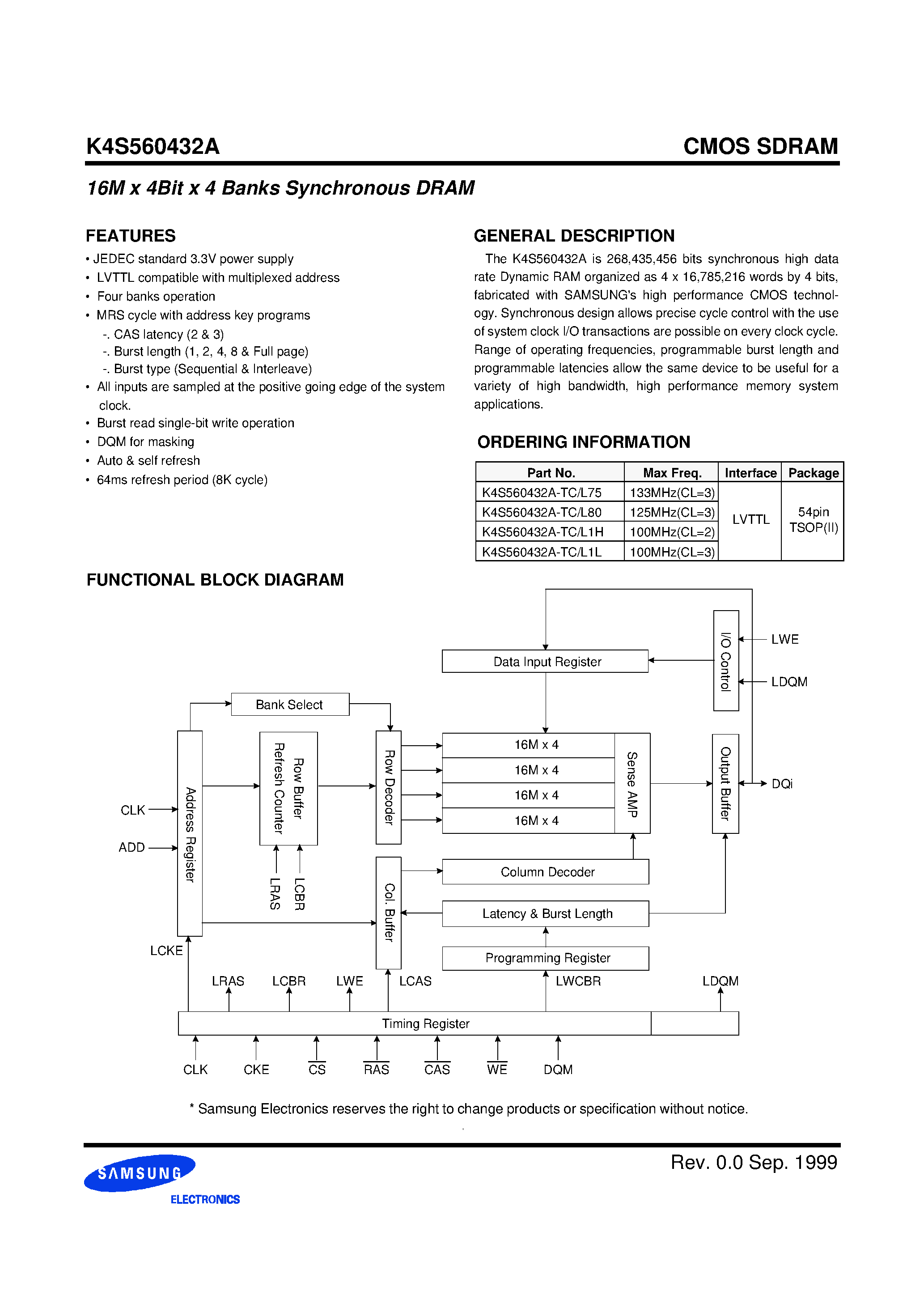 Datasheet K4S560432A - 256Mbit SDRAM 16M x 4bit x 4 Banks Synchronous DRAM LVTTL page 2