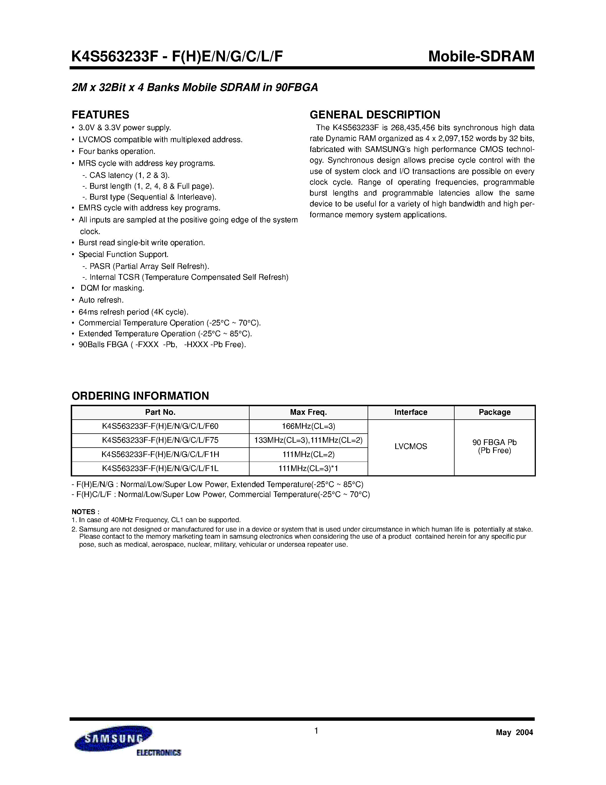 Datasheet K4S563233FHN75 - 2M x 32Bit x 4 Banks Mobile SDRAM in 90FBGA page 1