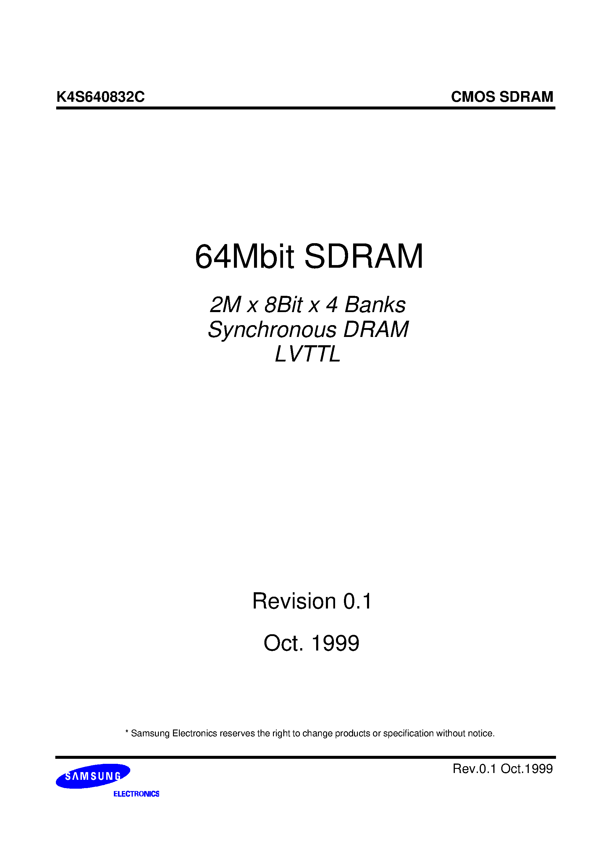 Datasheet K4S640832C - 64Mbit SDRAM 2M x 8Bit x 4 Banks Synchronous DRAM LVTTL page 1