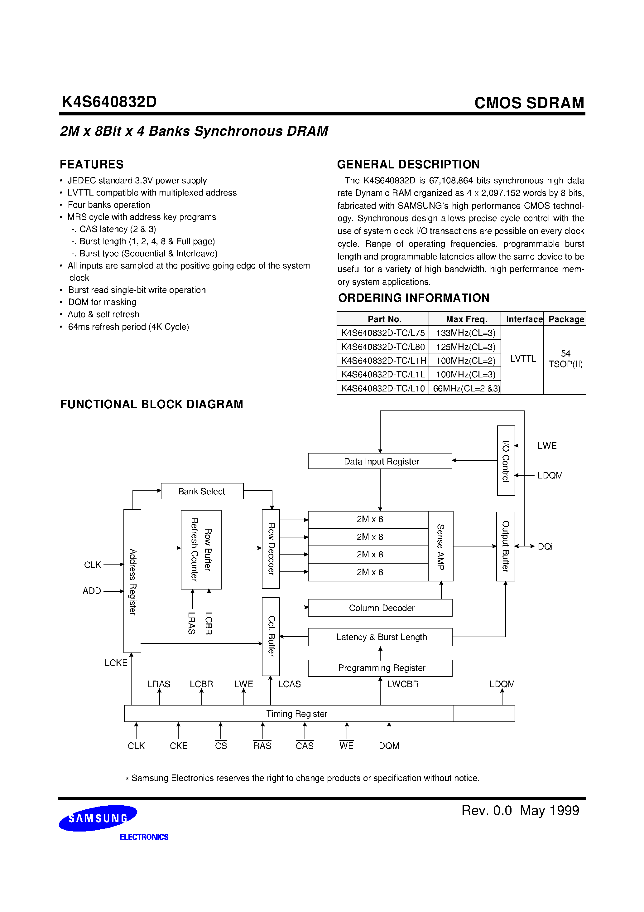 Datasheet K4S640832D - 64Mbit SDRAM 2M x 8Bit x 4 Banks Synchronous DRAM LVTTL page 2