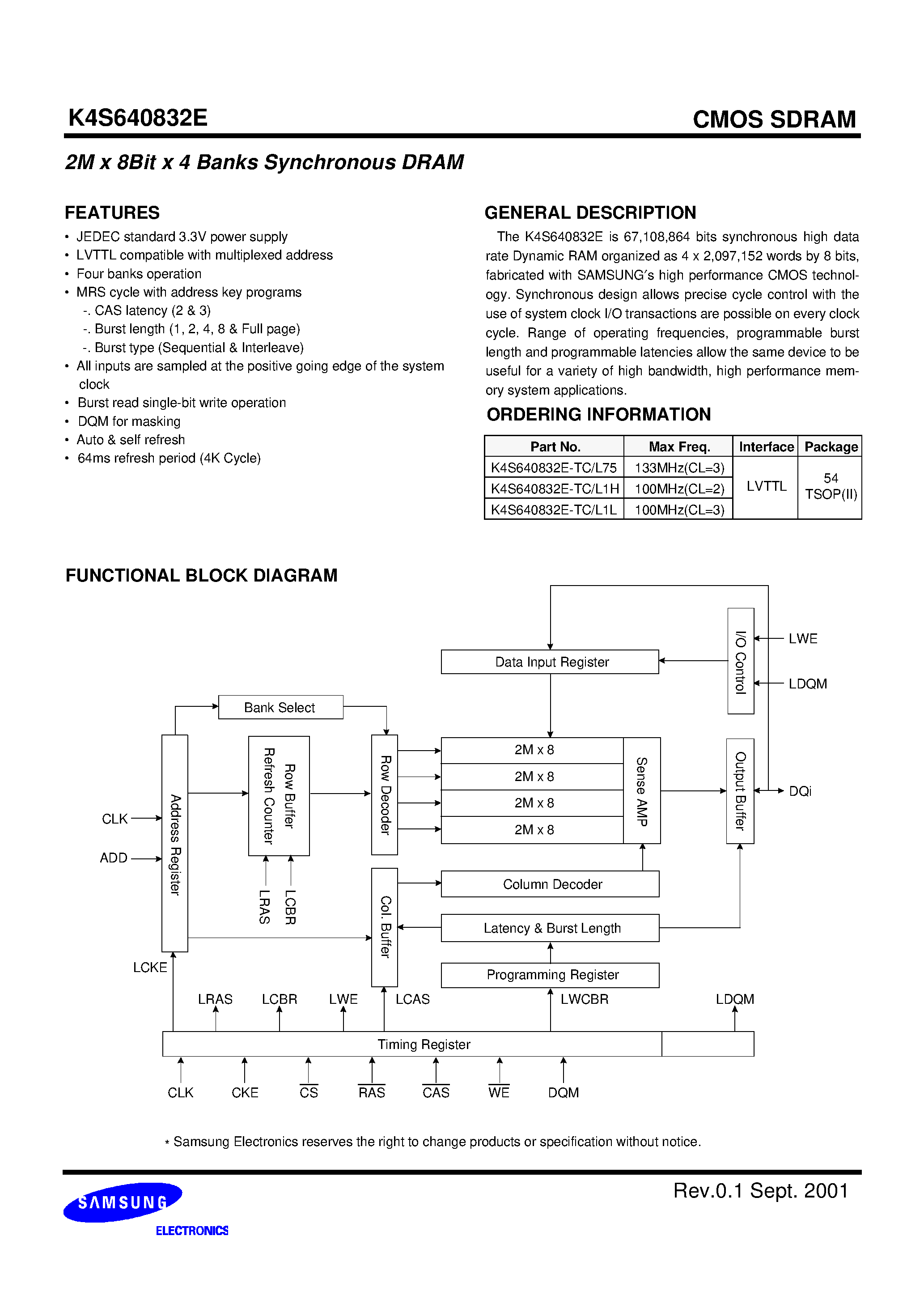Datasheet K4S640832E-TC1H page 2 Datasheet K4S640832E-TC1H - 64Mbit SDRAM 2M x 8Bit x 4 Banks Synchronous DRAM LVTTL page 2