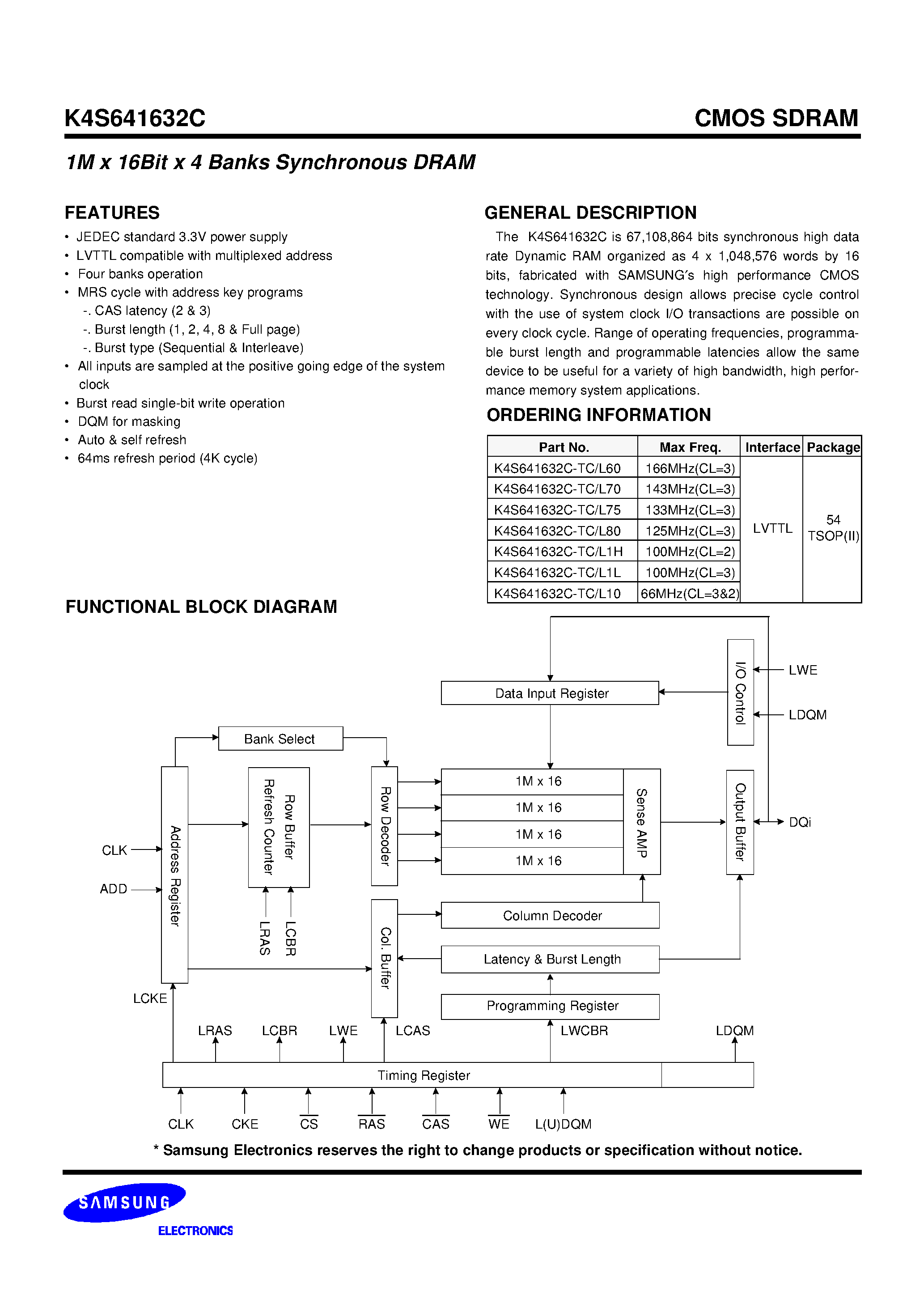 Datasheet K4S641632C - 1M x 16Bit x 4 Banks Synchronous DRAM page 1