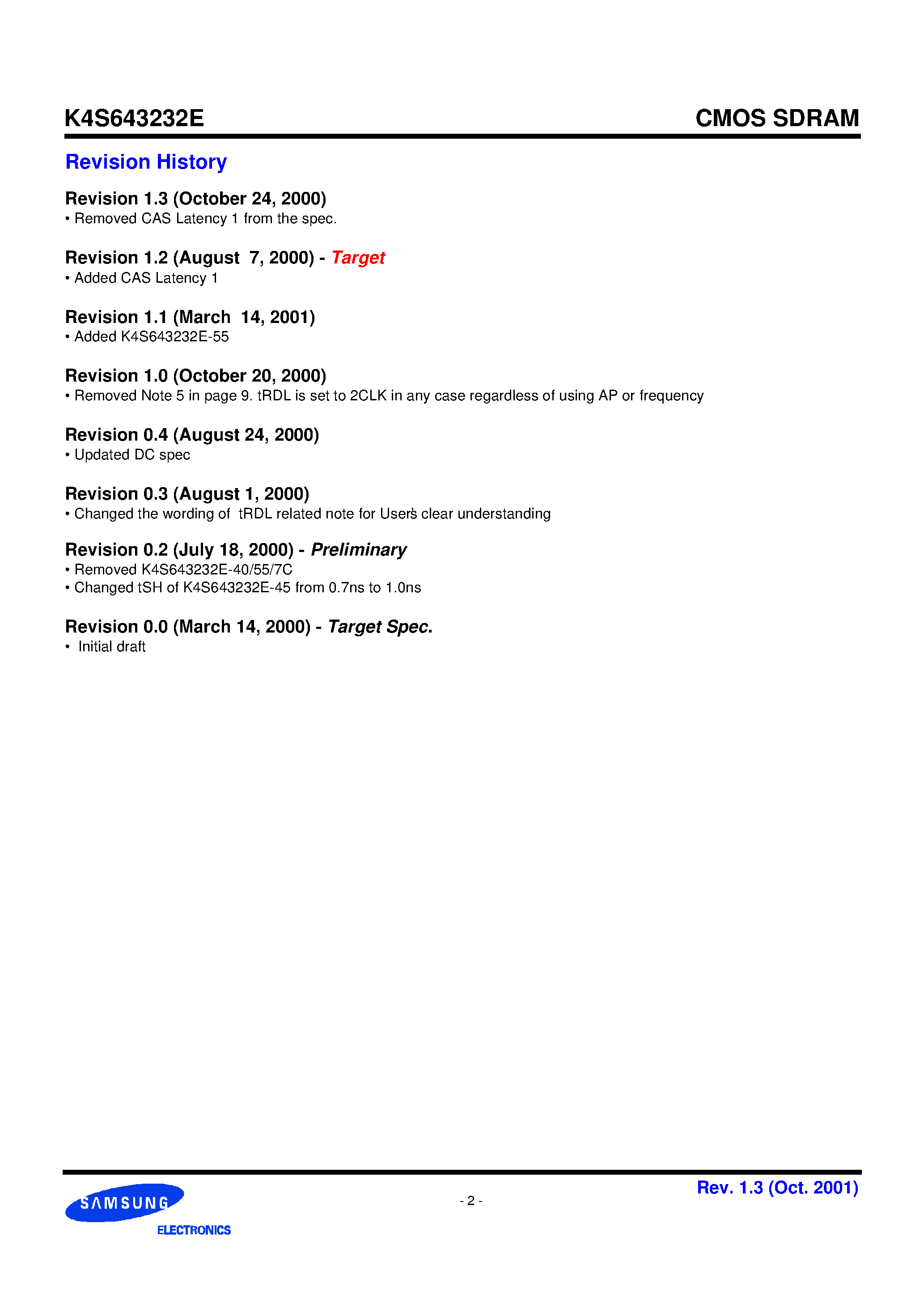 Datasheet K4S643232E-TC70 - 2M x 32 SDRAM 512K x 32bit x 4 Banks Synchronous DRAM LVTTL page 2