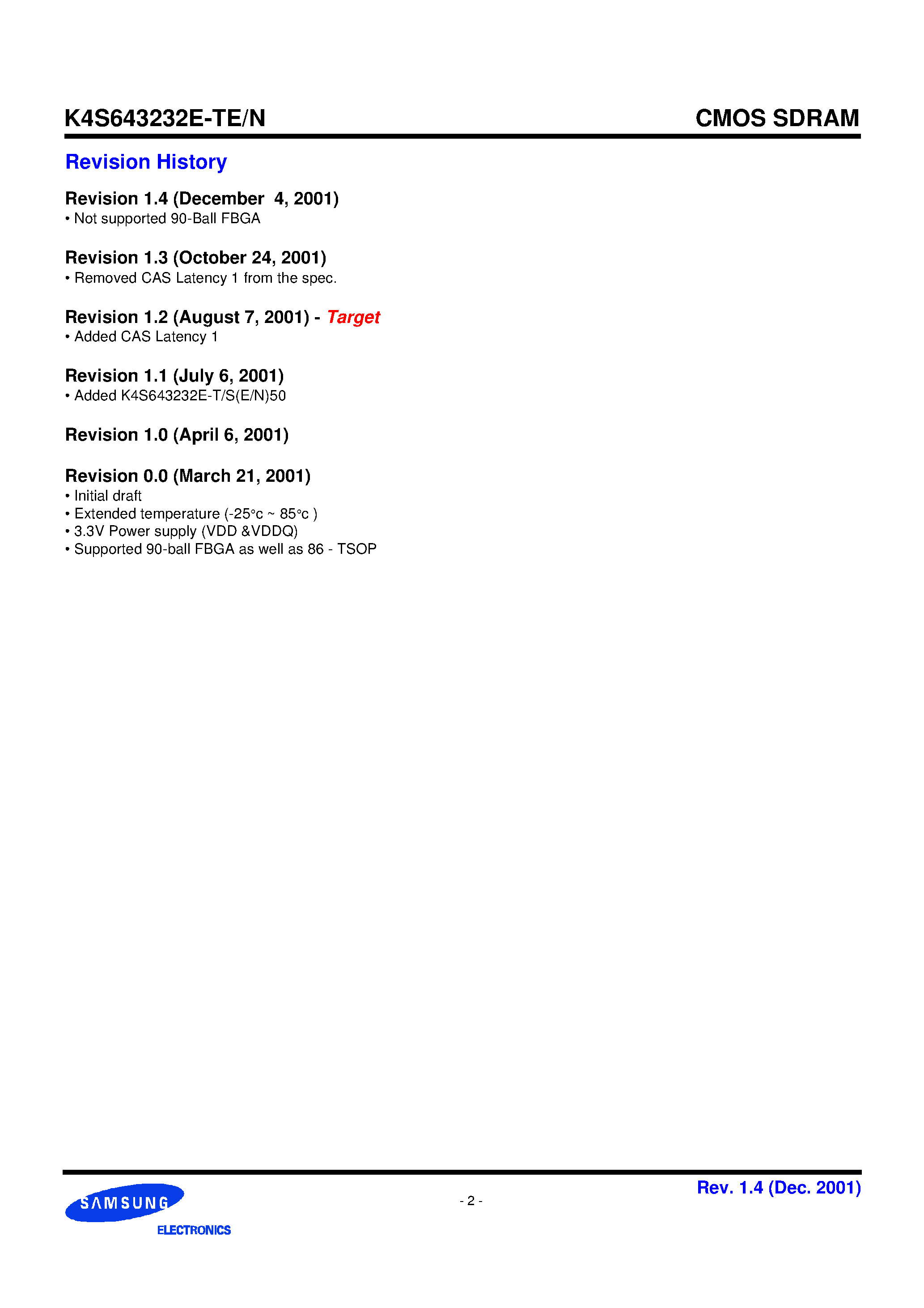 Datasheet K4S643232E-TE50 - 2M x 32 SDRAM 512K x 32bit x 4 Banks Synchronous DRAM LVTTL(3.3V) page 2