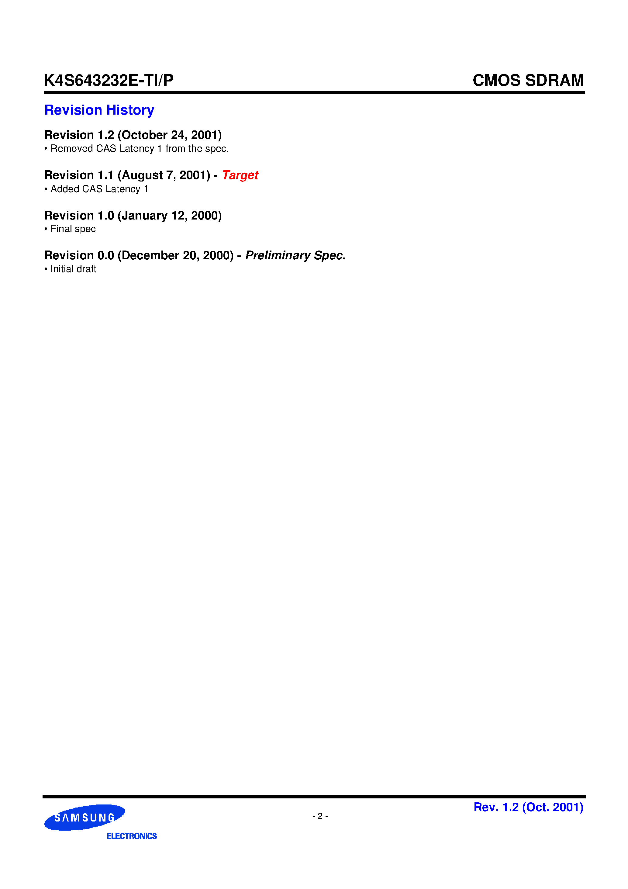 Datasheet K4S643232E-TI70 page 2 Datasheet K4S643232E-TI70 - 2M x 32 SDRAM 512K x 32bit x 4 Banks Synchronous DRAM LVTTL page 2