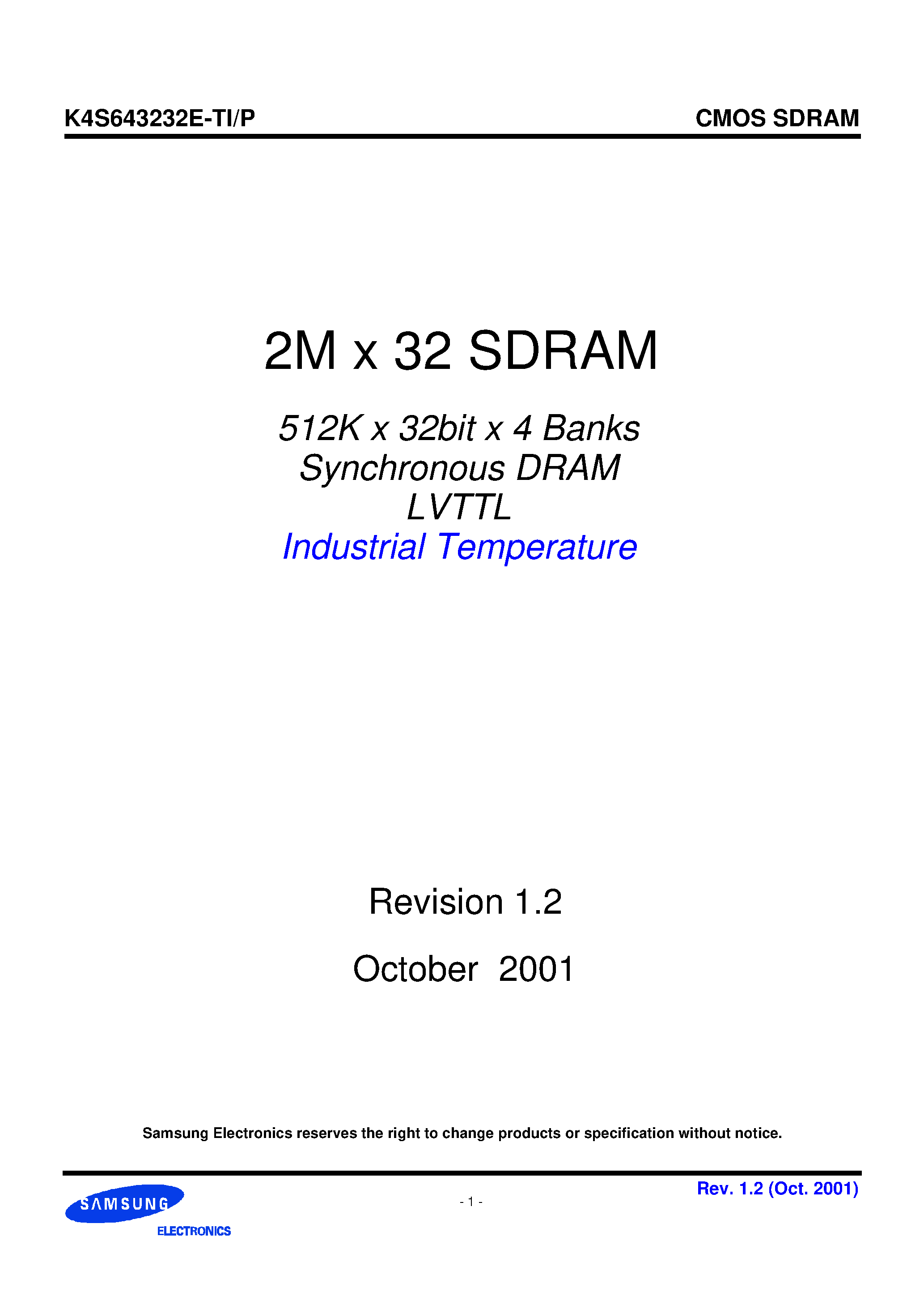 Datasheet K4S643232E-TP70 - 2M x 32 SDRAM 512K x 32bit x 4 Banks Synchronous DRAM LVTTL page 1