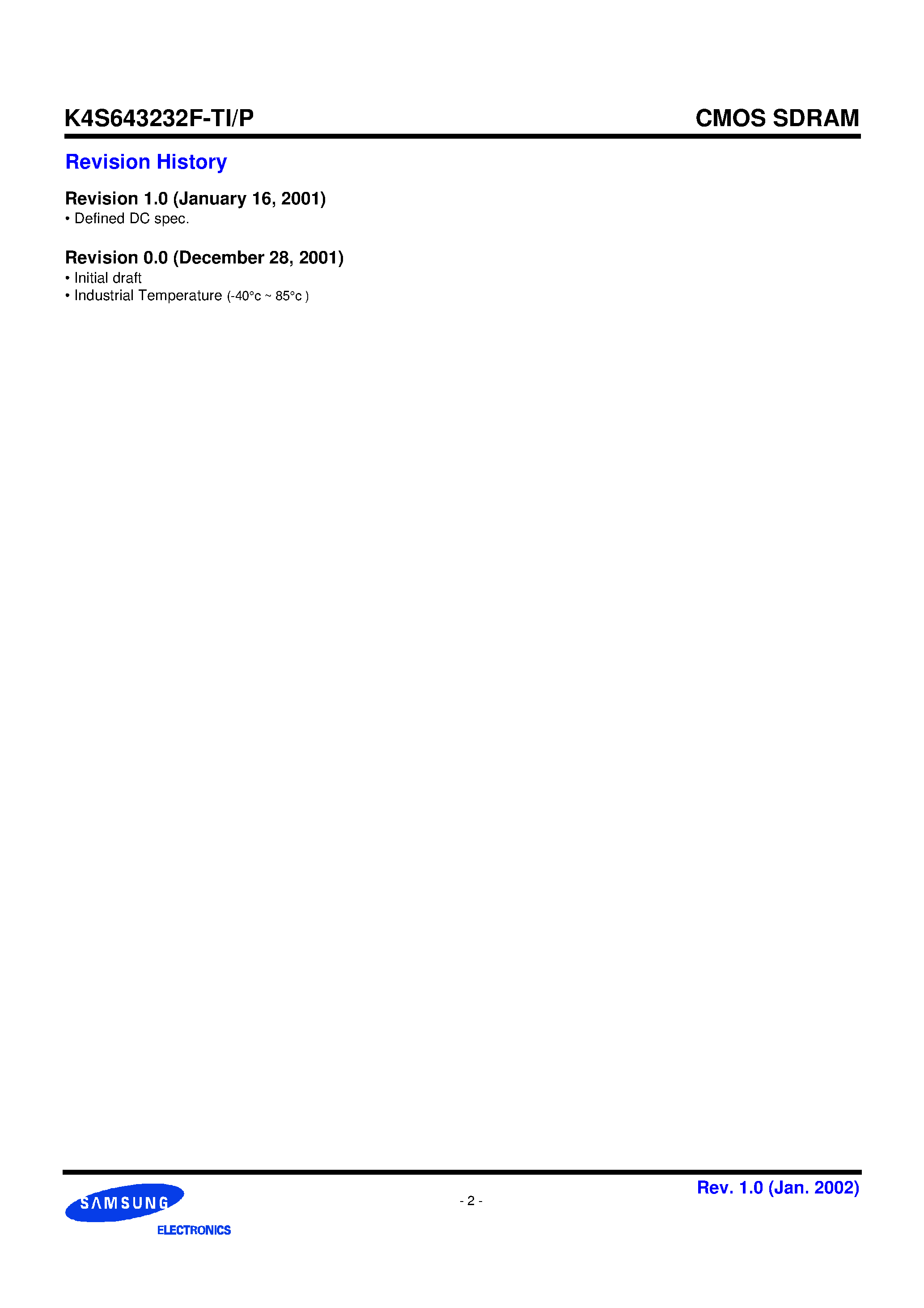 Datasheet K4S643232F- page 2 Datasheet K4S643232F- - 2M x 32 SDRAM 512K x 32bit x 4 Banks Synchronous DRAM LVTTL3.3V page 2