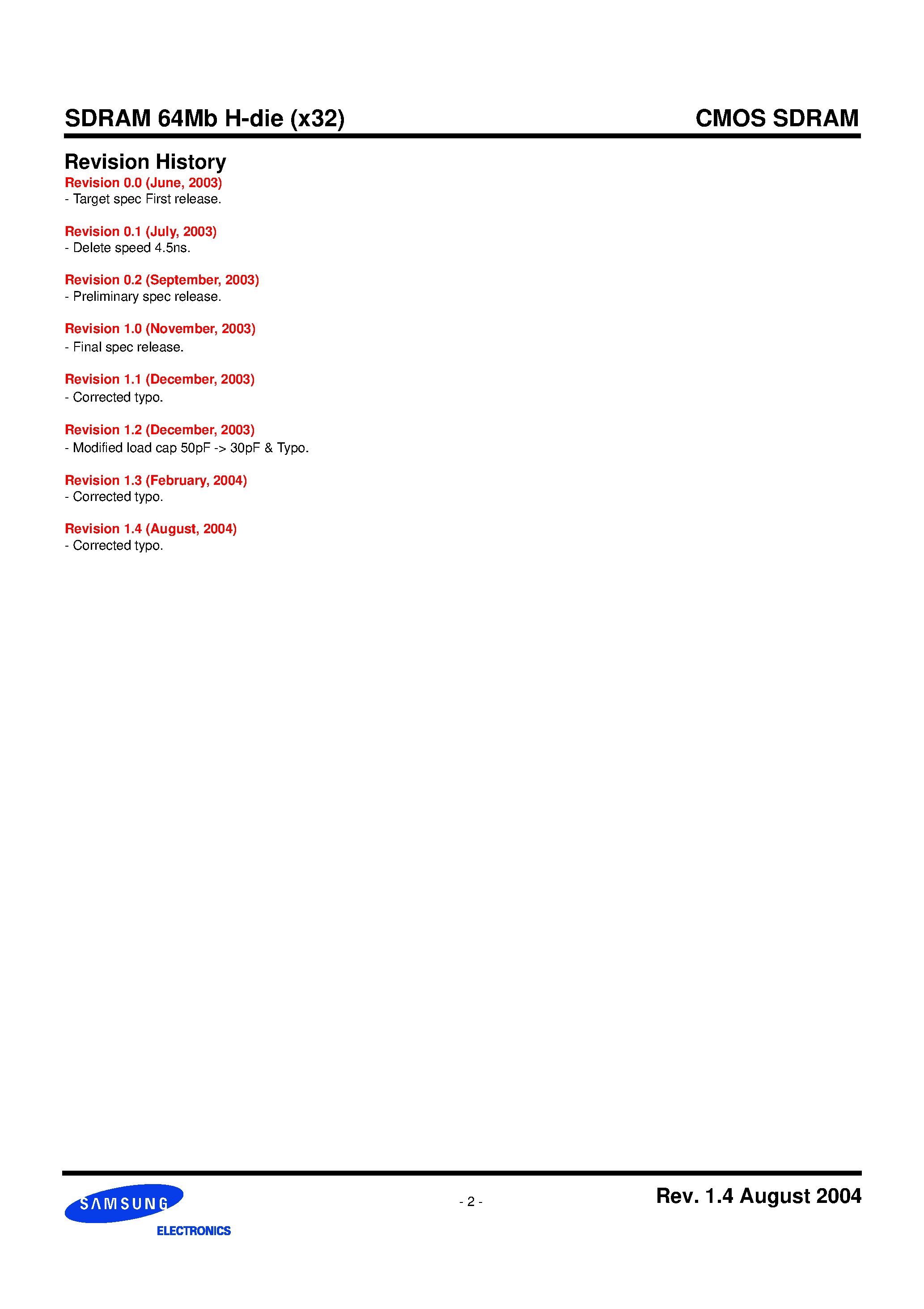 Datasheet K4S643232H-TC/L55 page 2 Datasheet K4S643232H-TC/L55 - 64Mb H-die (x32) SDRAM Specification page 2