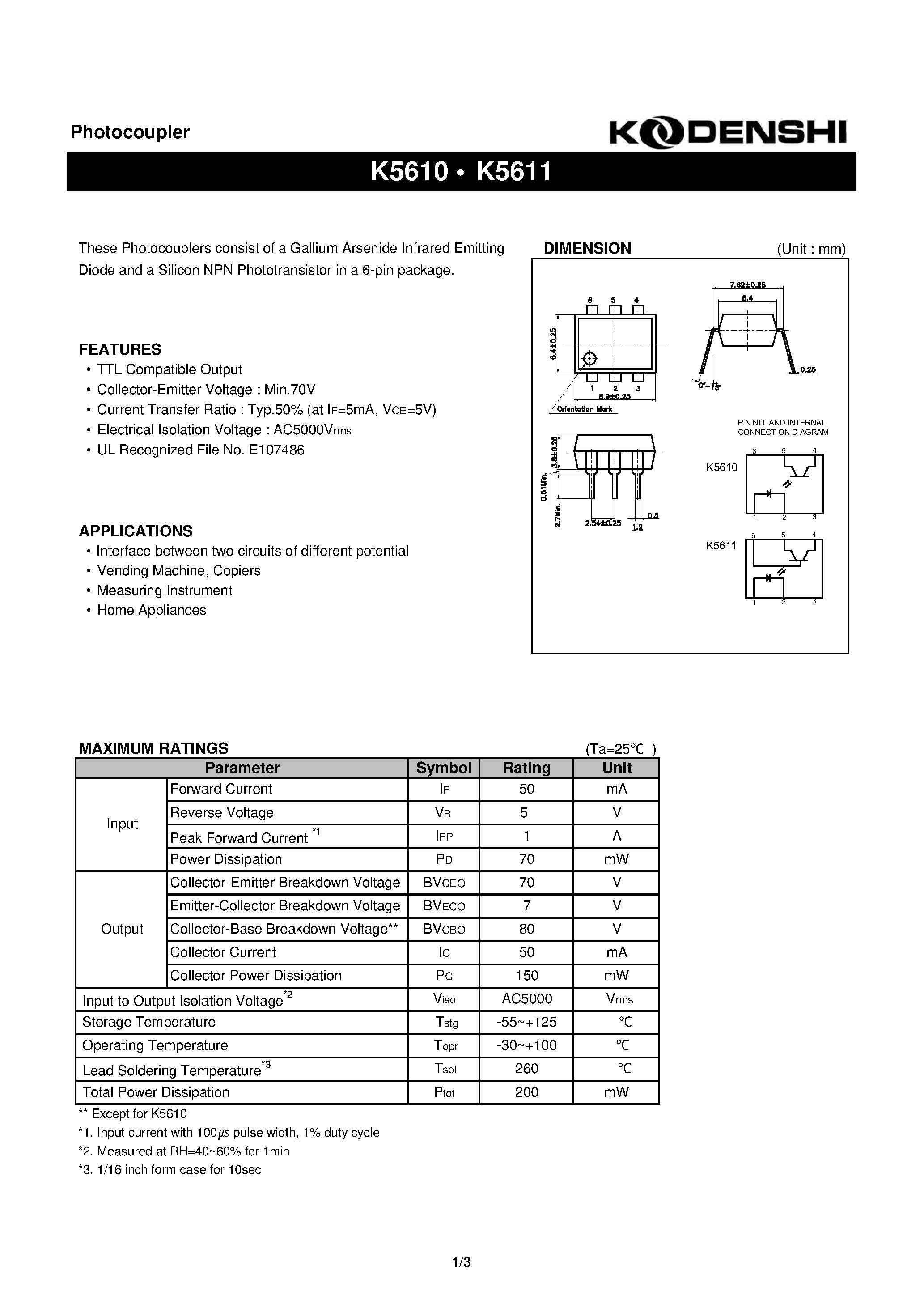Datasheet K5610 - Photocoupler(These Photocouplers consist of a Gallium Arsenide Infrared Emitting) page 1
