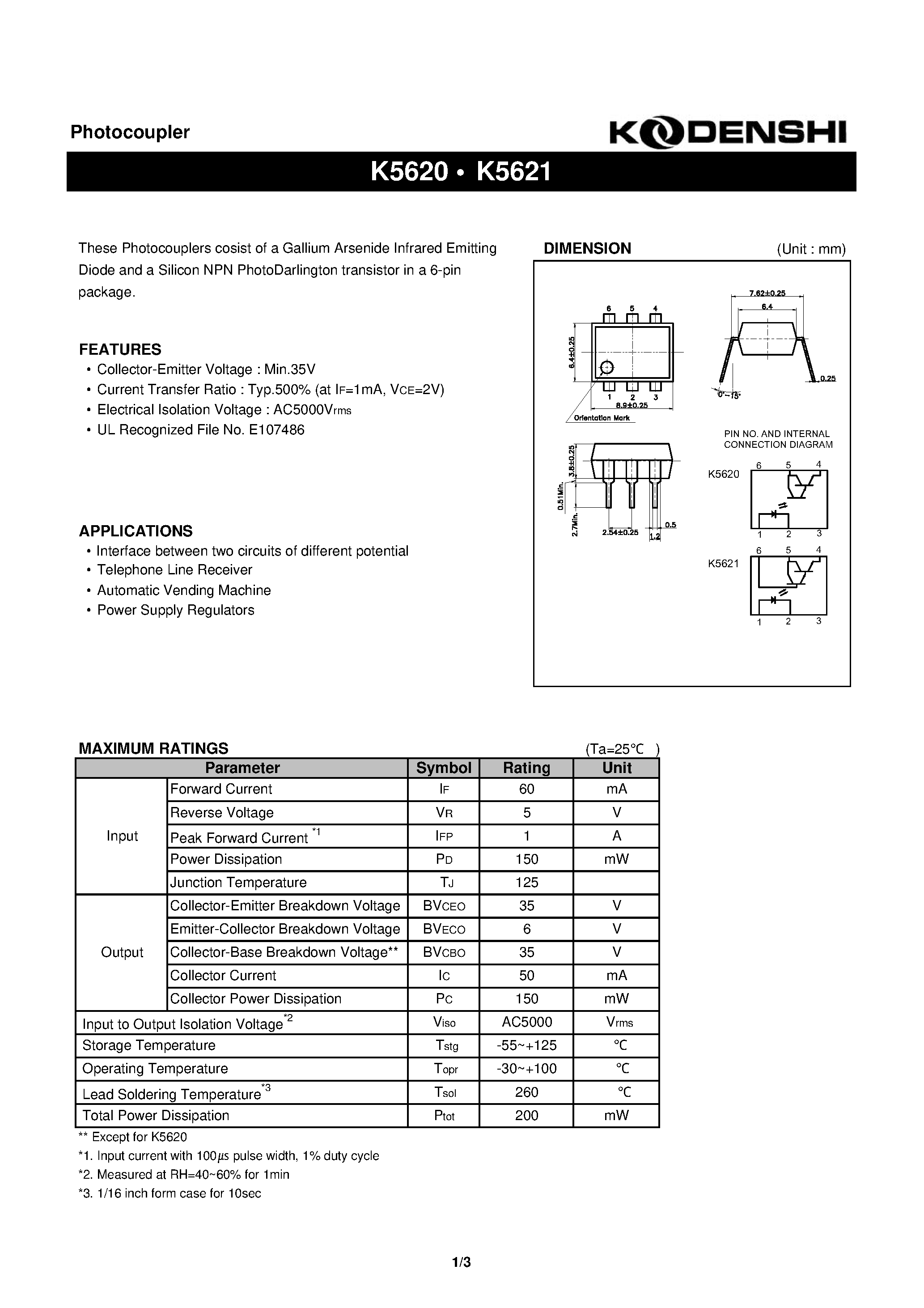 Datasheet K5620 - Photocoupler(These Photocouplers cosist of a Gallium Arsenide Infrared Emitting) page 1