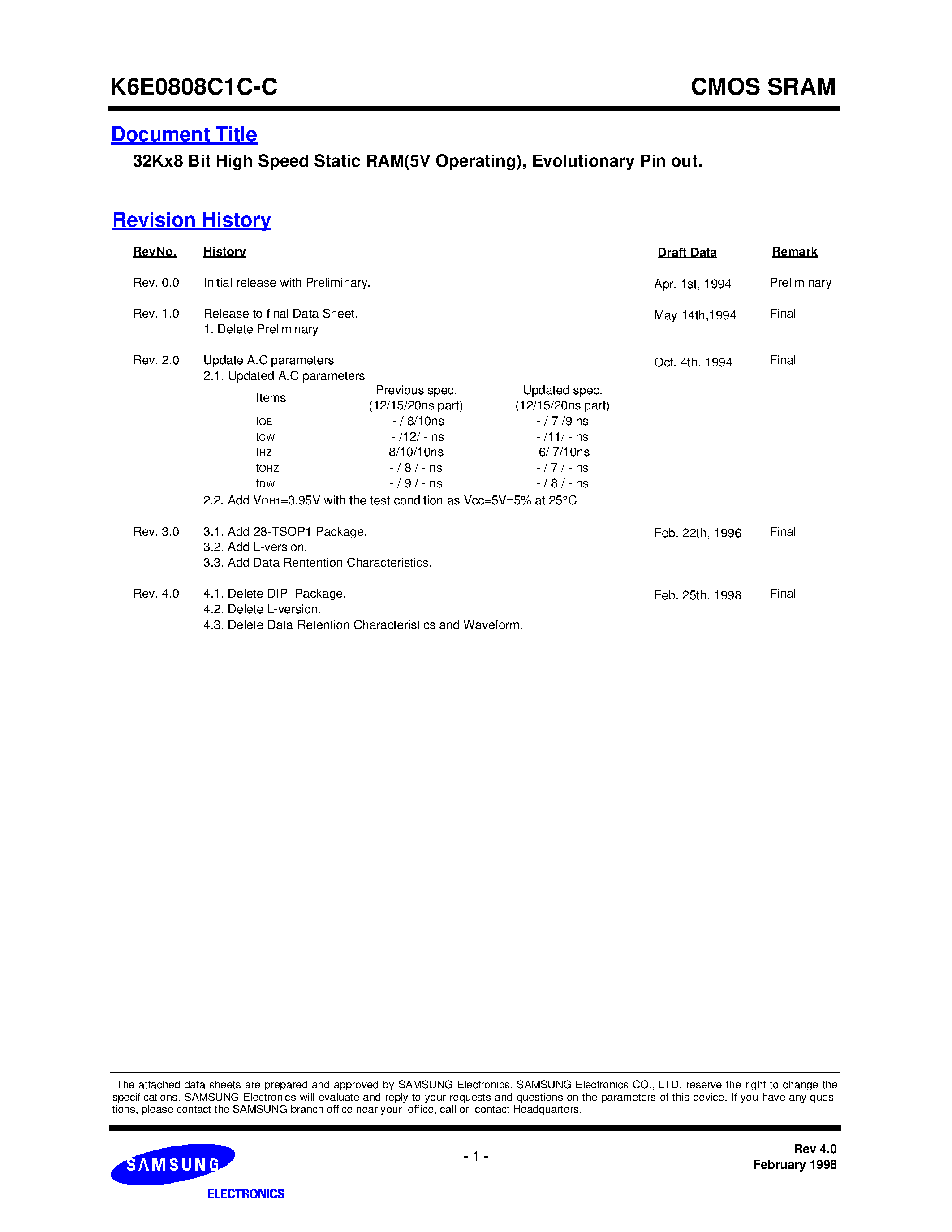 Datasheet K6E0808C1C-C page 1 Datasheet K6E0808C1C-C - 32Kx8 Bit High Speed CMOS Static RAM page 1