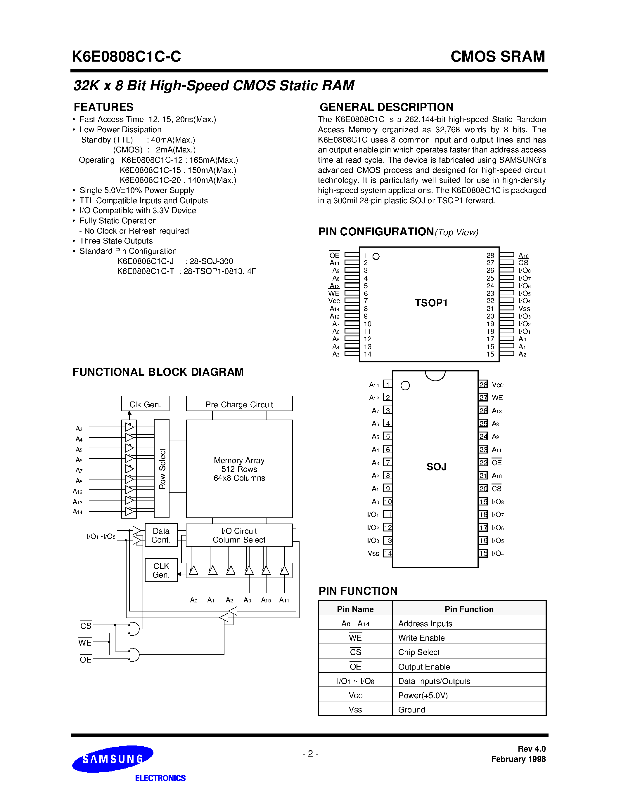 Datasheet K6E0808C1C-C page 2 Datasheet K6E0808C1C-C - 32Kx8 Bit High Speed CMOS Static RAM page 2