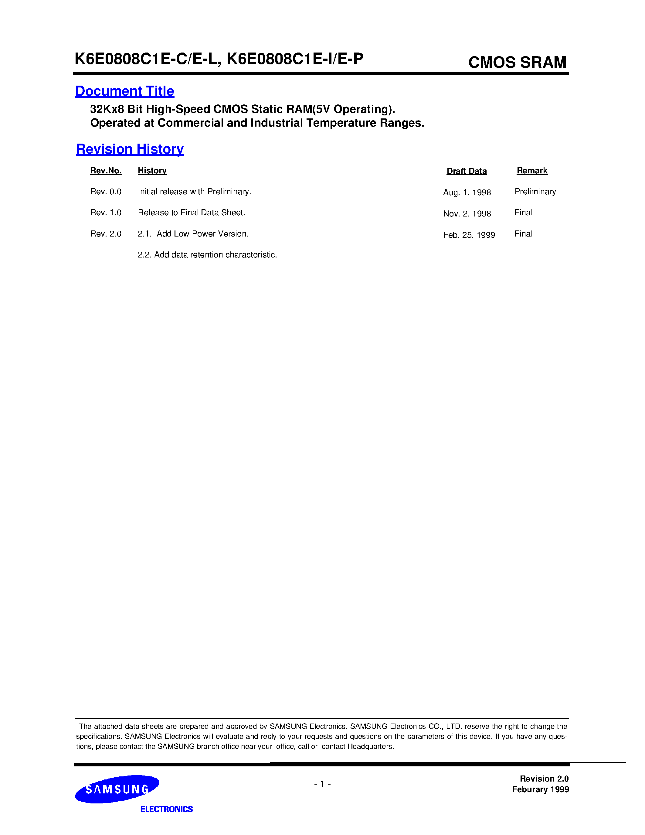 Даташит на микросхему K6E0808C1E-C10 страница 1 Даташит K6E0808C1E-C10 - 32K x 8 Bit High-Speed CMOS Static RAM страница 1