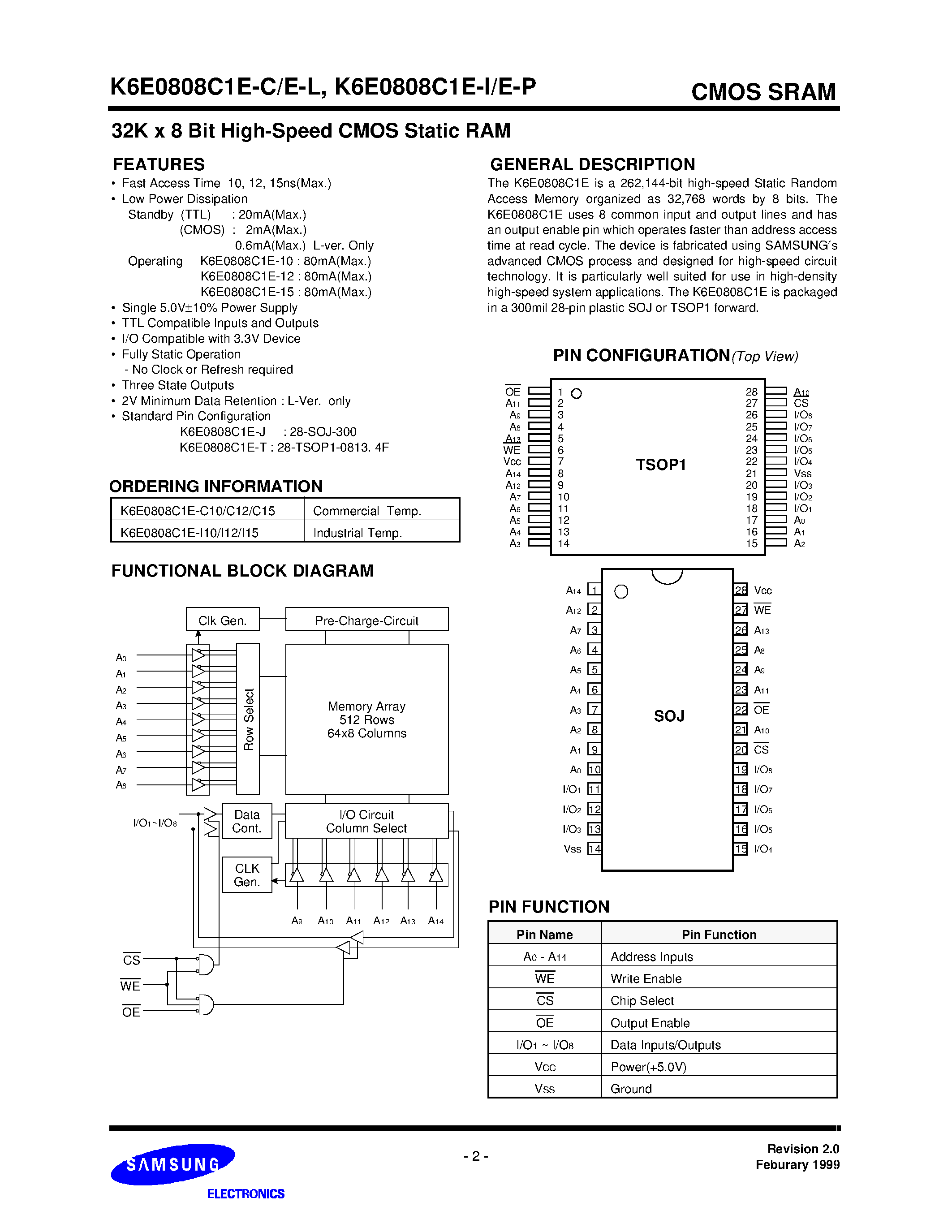 Даташит на микросхему K6E0808C1E-C10 страница 2 Даташит K6E0808C1E-C10 - 32K x 8 Bit High-Speed CMOS Static RAM страница 2