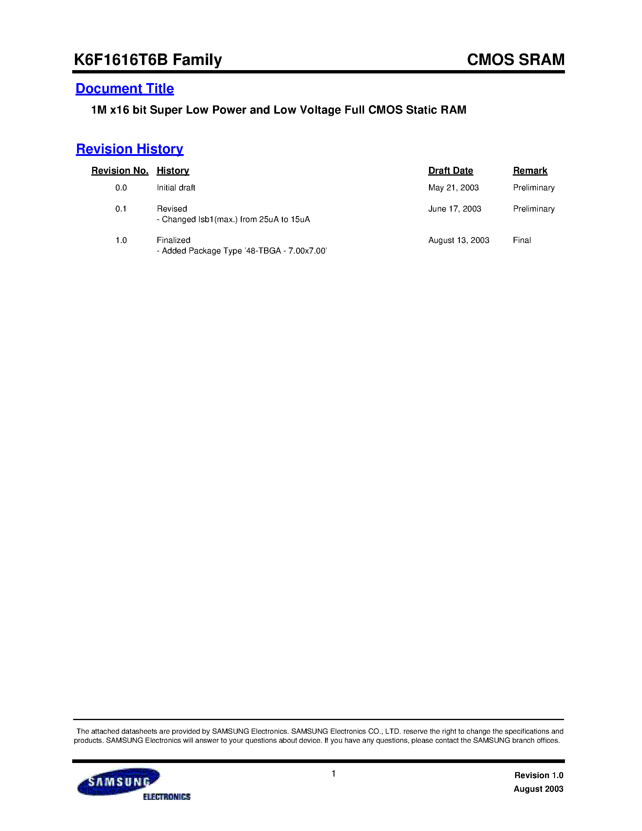 Даташит на микросхему K6F1616T6B-F страница 1 Даташит K6F1616T6B-F - 1M x16 bit Super Low Power and Low Voltage Full CMOS Static RAM страница 1
