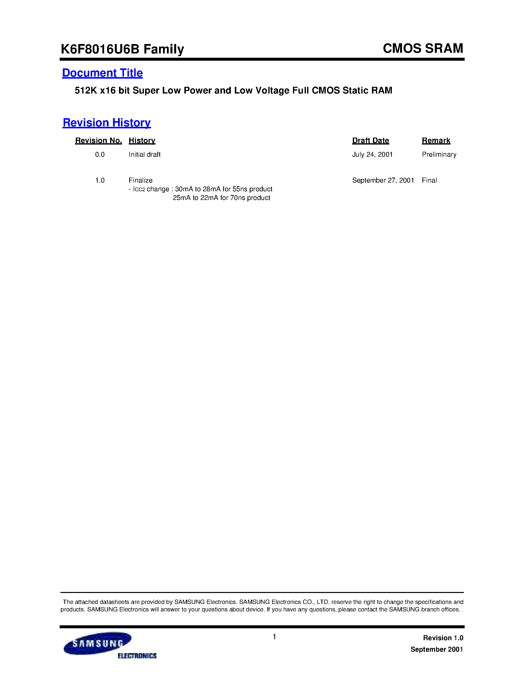 Даташит на микросхему K6F8016U6 страница 1 Даташит K6F8016U6 - 512K x16 bit Super Low Power and Low Voltage Full CMOS Static RAM страница 1