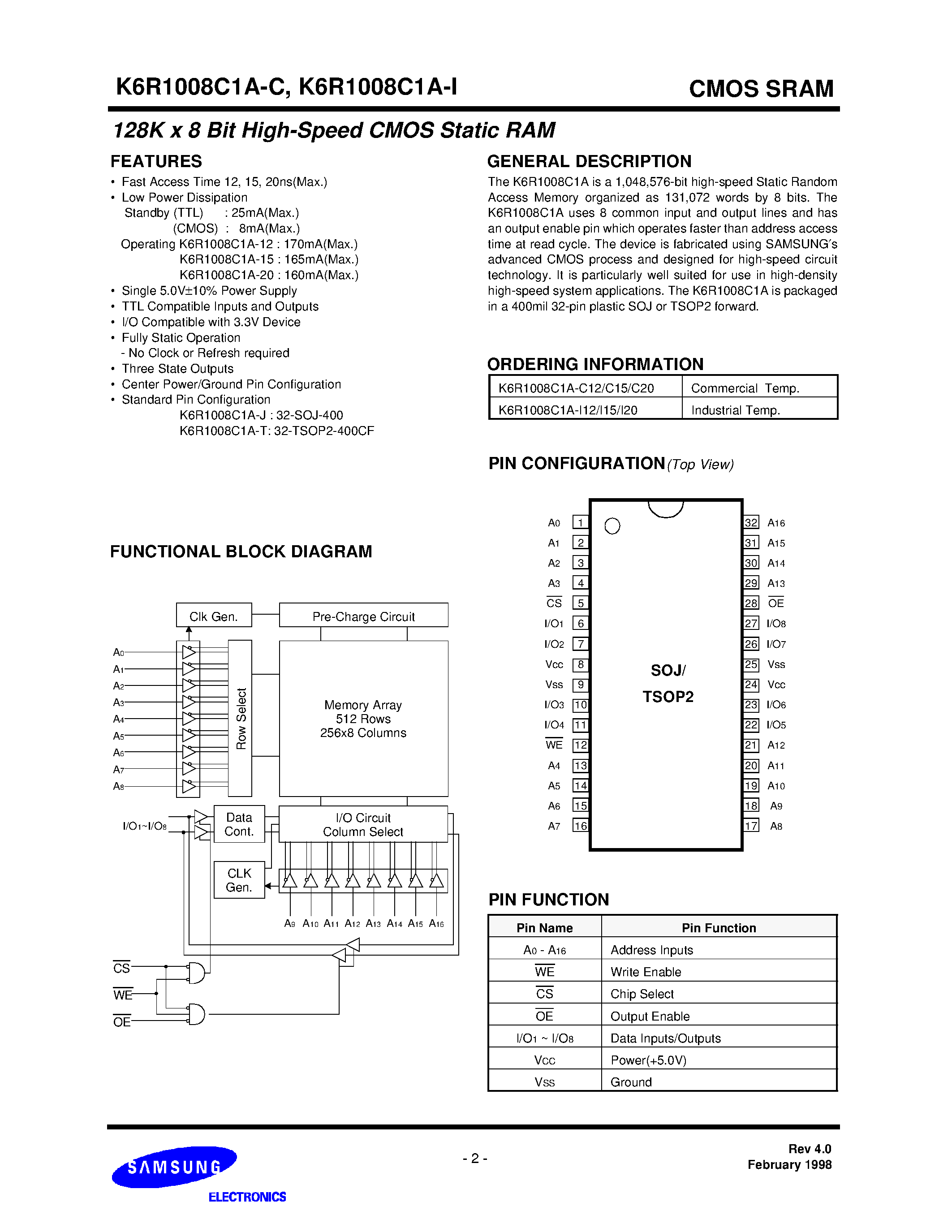 Даташит на микросхему K6R1008C1A- страница 2 Даташит K6R1008C1A- - 128Kx8 High Speed Static RAM5V Operating/ Revolutionary Pin out. Operated at Commercial and Industrial Temperature Ranges. страница 2