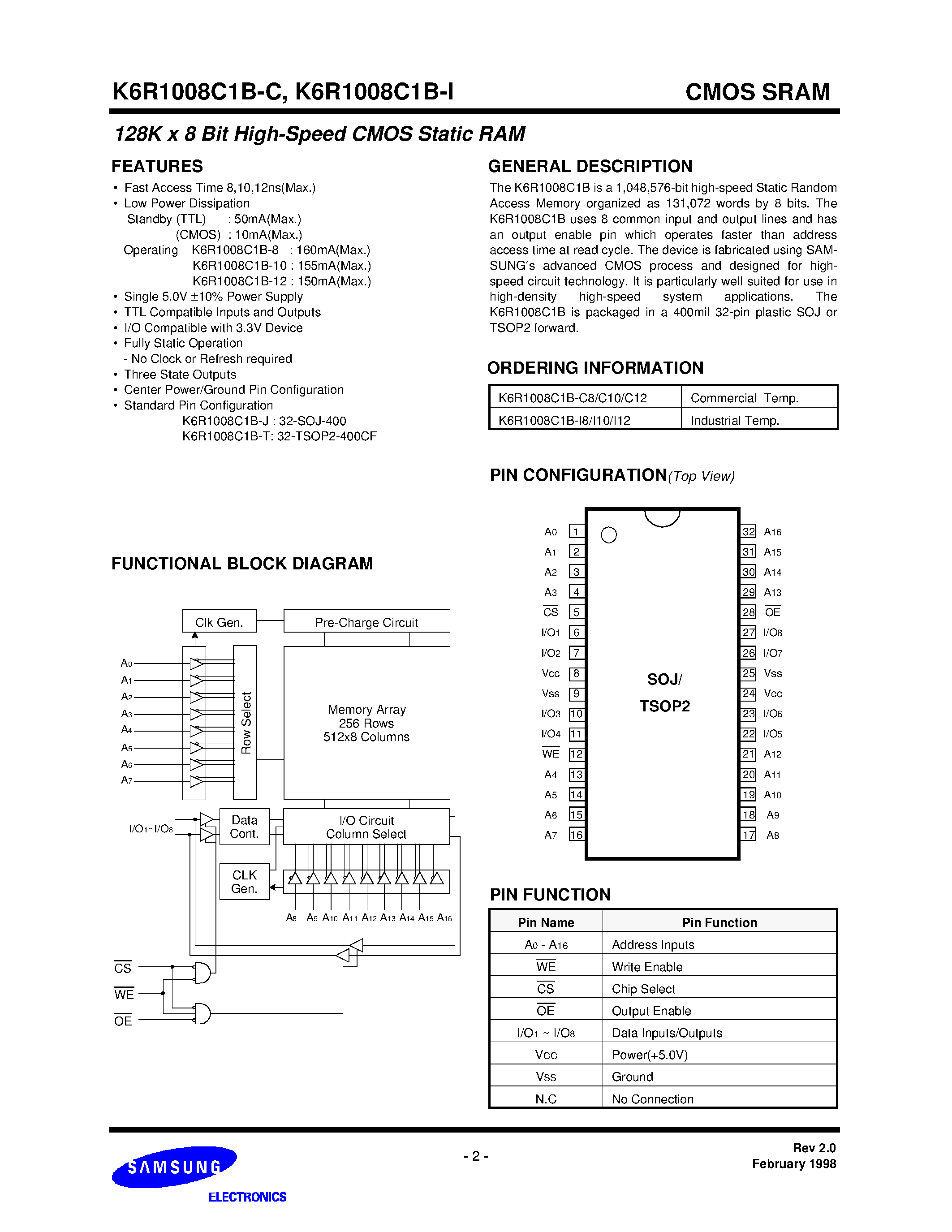 Даташит на микросхему K6R1008C1B- страница 2 Даташит K6R1008C1B- - 128Kx8 Bit High Speed Static RAM5V Operating/ Revolutionary Pin out. Operated at Commercial and Industrial Temperature Ranges. страница 2
