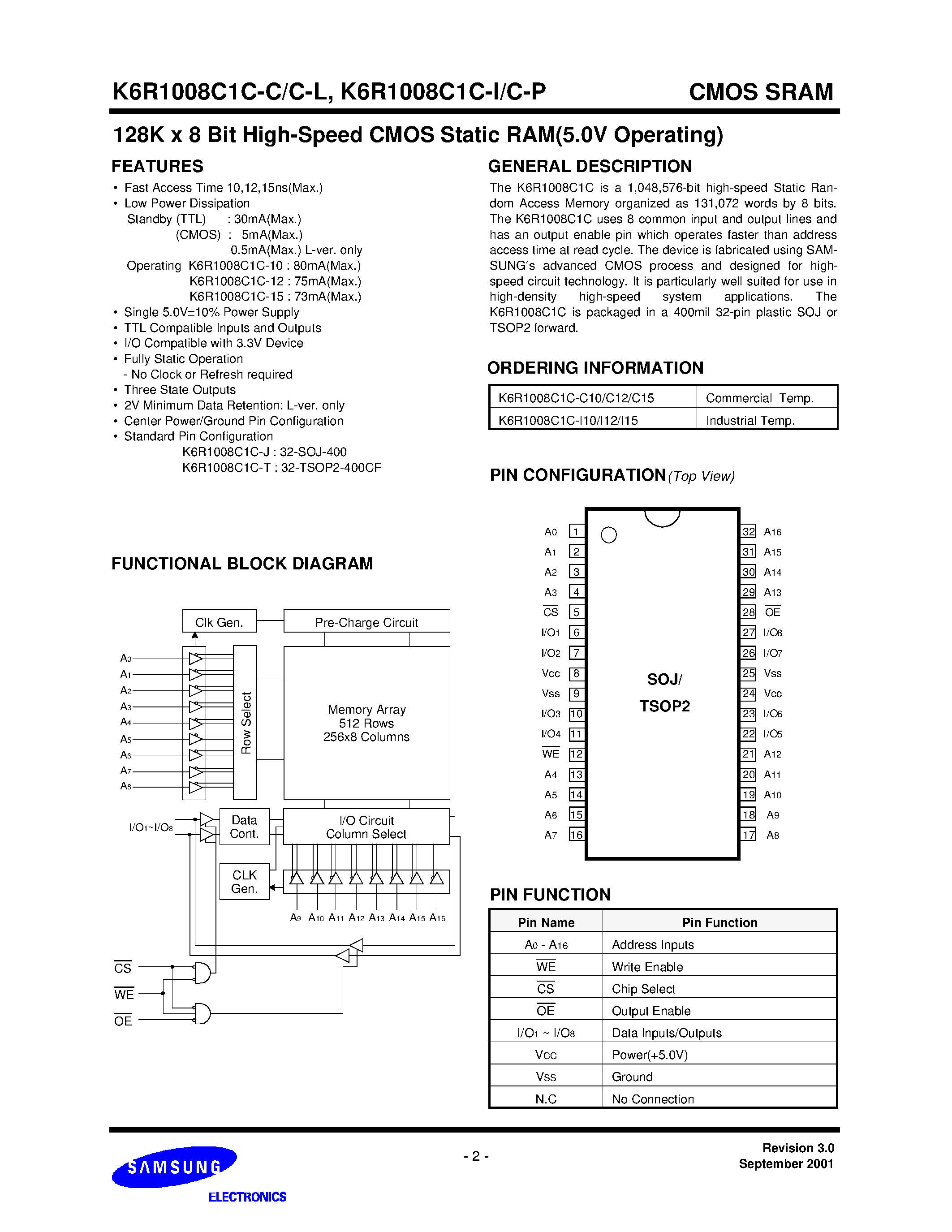 Даташит K6R1008C1C- - 128Kx8 Bit High-Speed CMOS Static RAM(5V Operating). Operated at Commercial and Industrial Temperature Ranges. страница 2