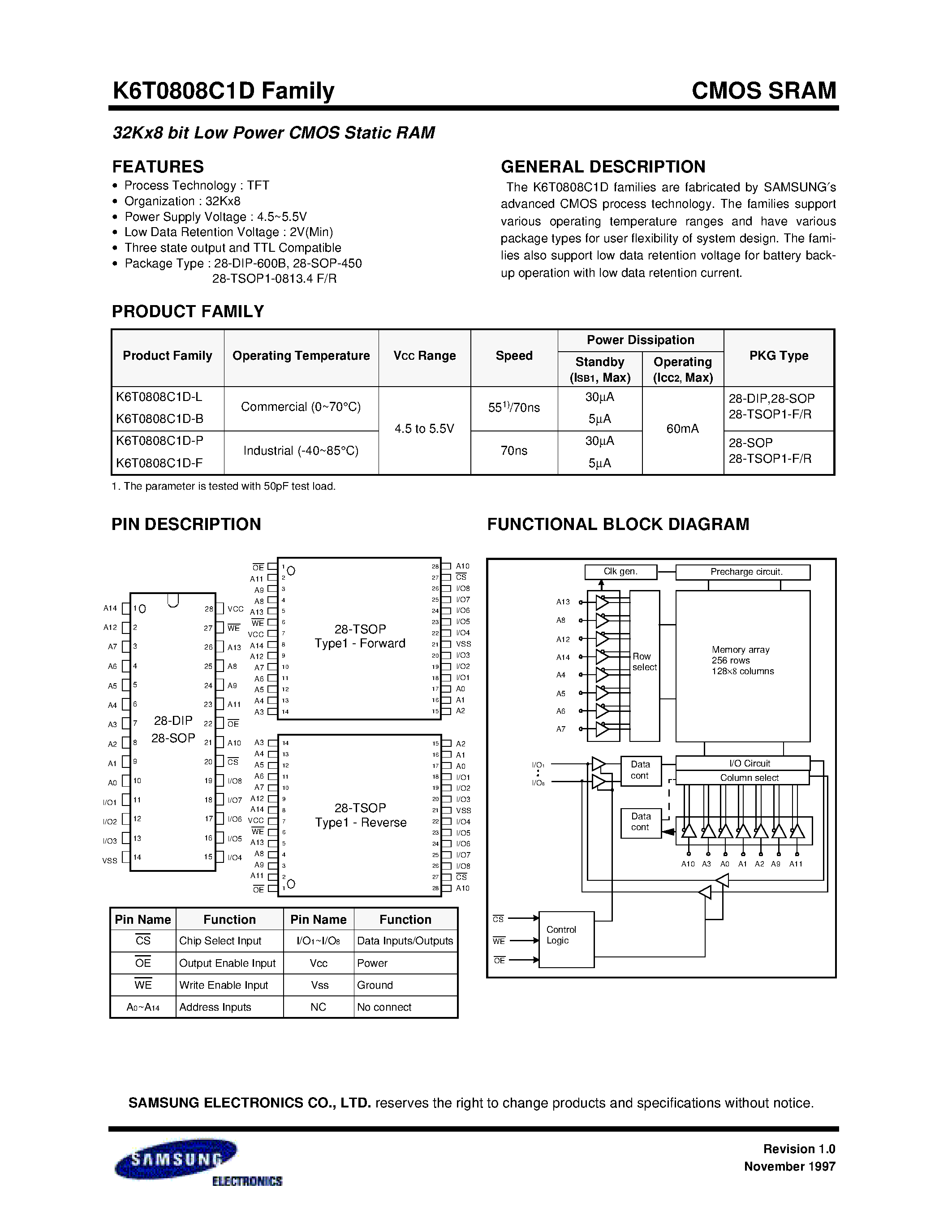 Даташит на микросхему K6T0808C1D-DL70 страница 2 Даташит K6T0808C1D-DL70 - 32Kx8 bit Low Power CMOS Static RAM страница 2