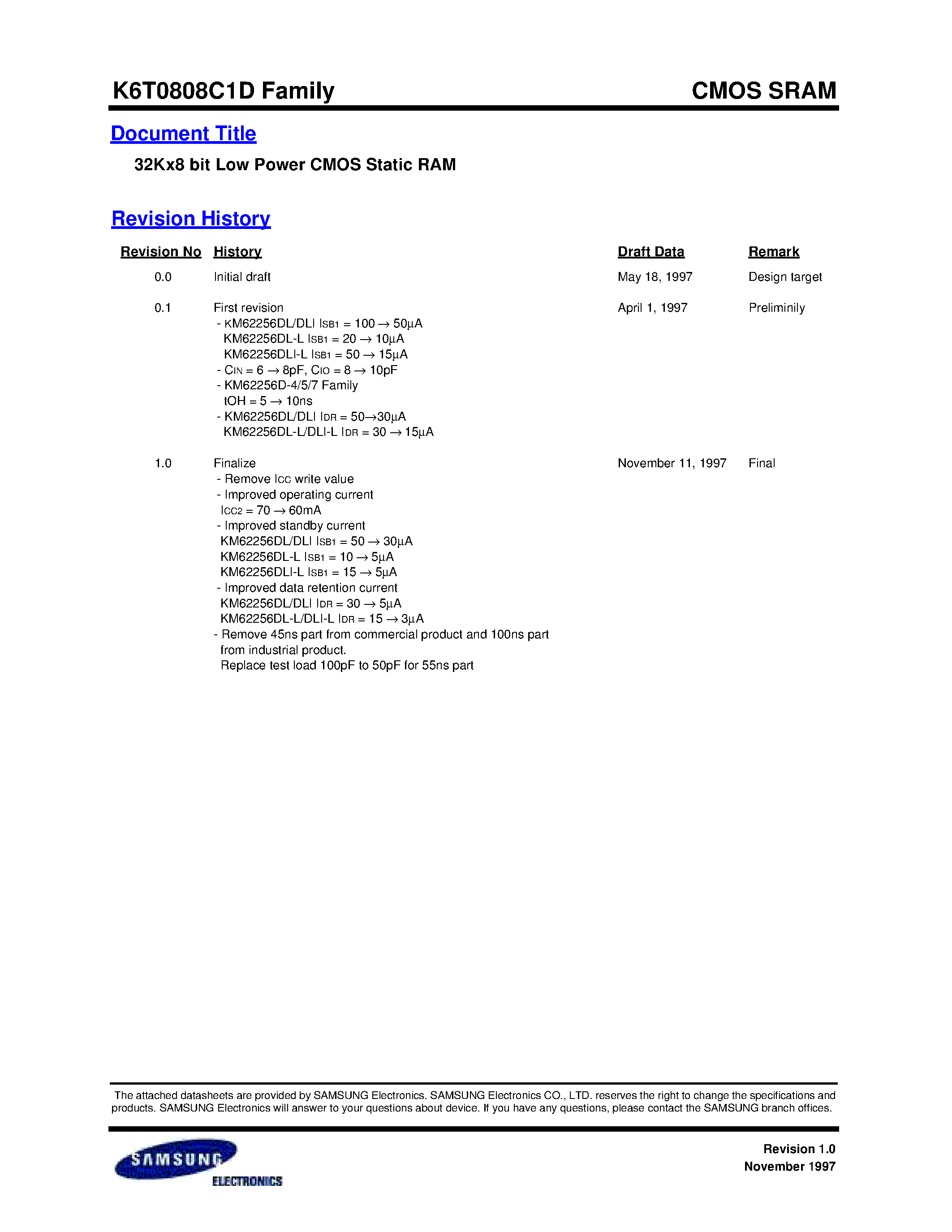 Datasheet K6T0808C1D-L page 1 Datasheet K6T0808C1D-L - 32Kx8 bit Low Power CMOS Static RAM page 1