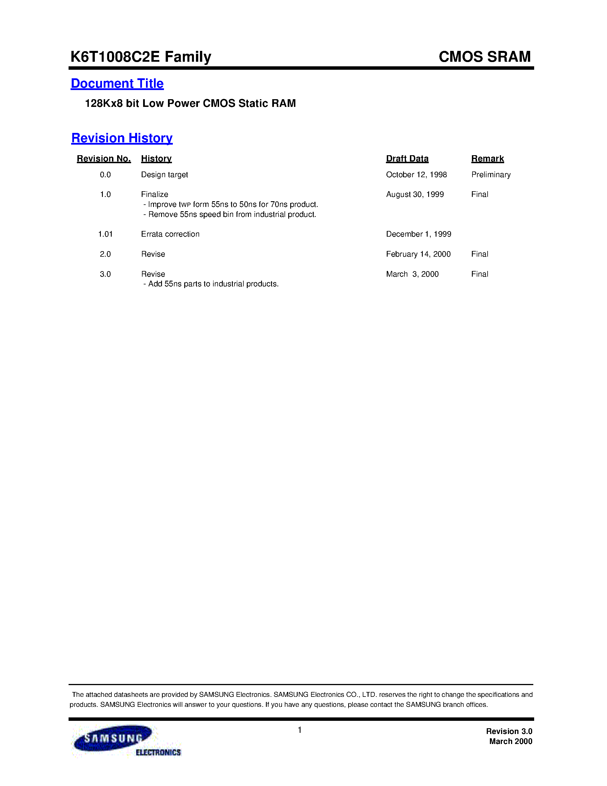Datasheet K6T1008C2E-B page 1 Datasheet K6T1008C2E-B - 128Kx8 bit Low Power CMOS Static RAM page 1