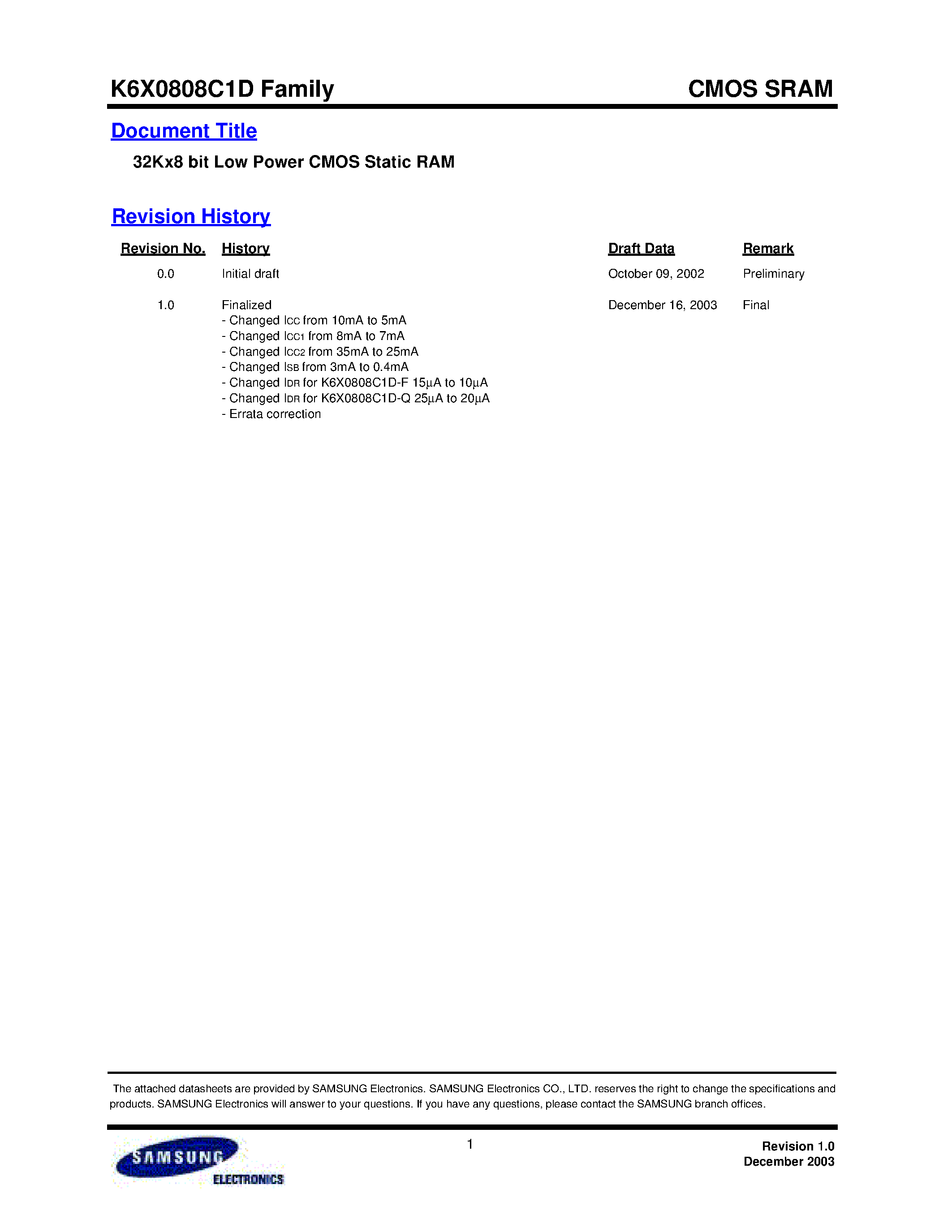 Даташит на микросхему K6X0808C1D-GQ70 страница 1 Даташит K6X0808C1D-GQ70 - 32Kx8 bit Low Power CMOS Static RAM страница 1