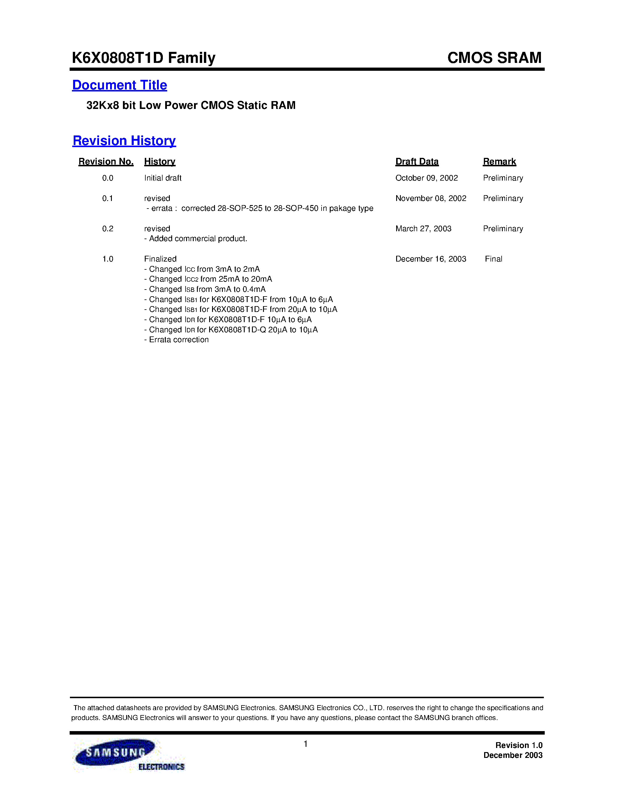 Даташит на микросхему K6X0808T1D-NB70 страница 1 Даташит K6X0808T1D-NB70 - 32Kx8 bit Low Power CMOS Static RAM страница 1