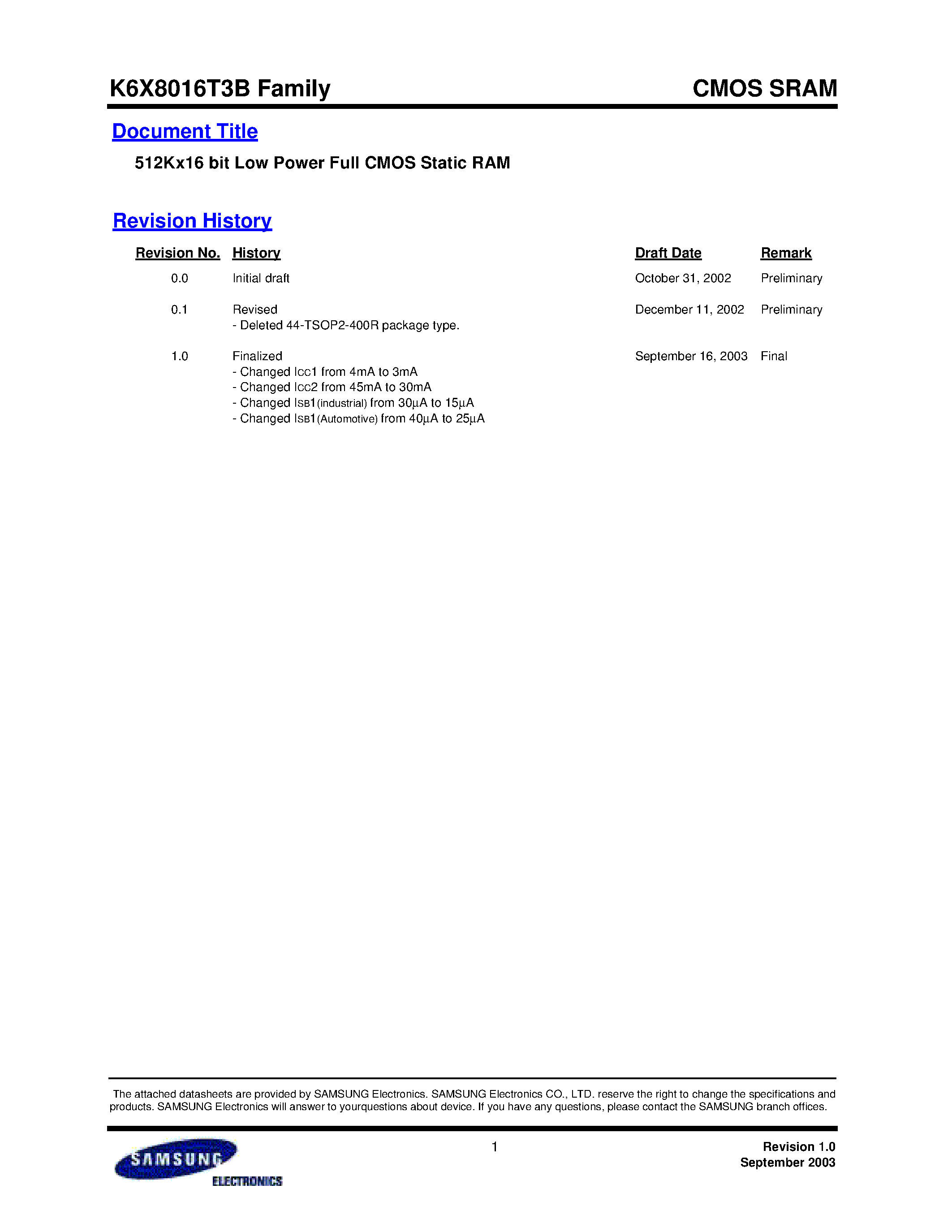 Datasheet K6X8016T3B-Q - 512Kx16 bit Low Power Full CMOS Static RAM page 1