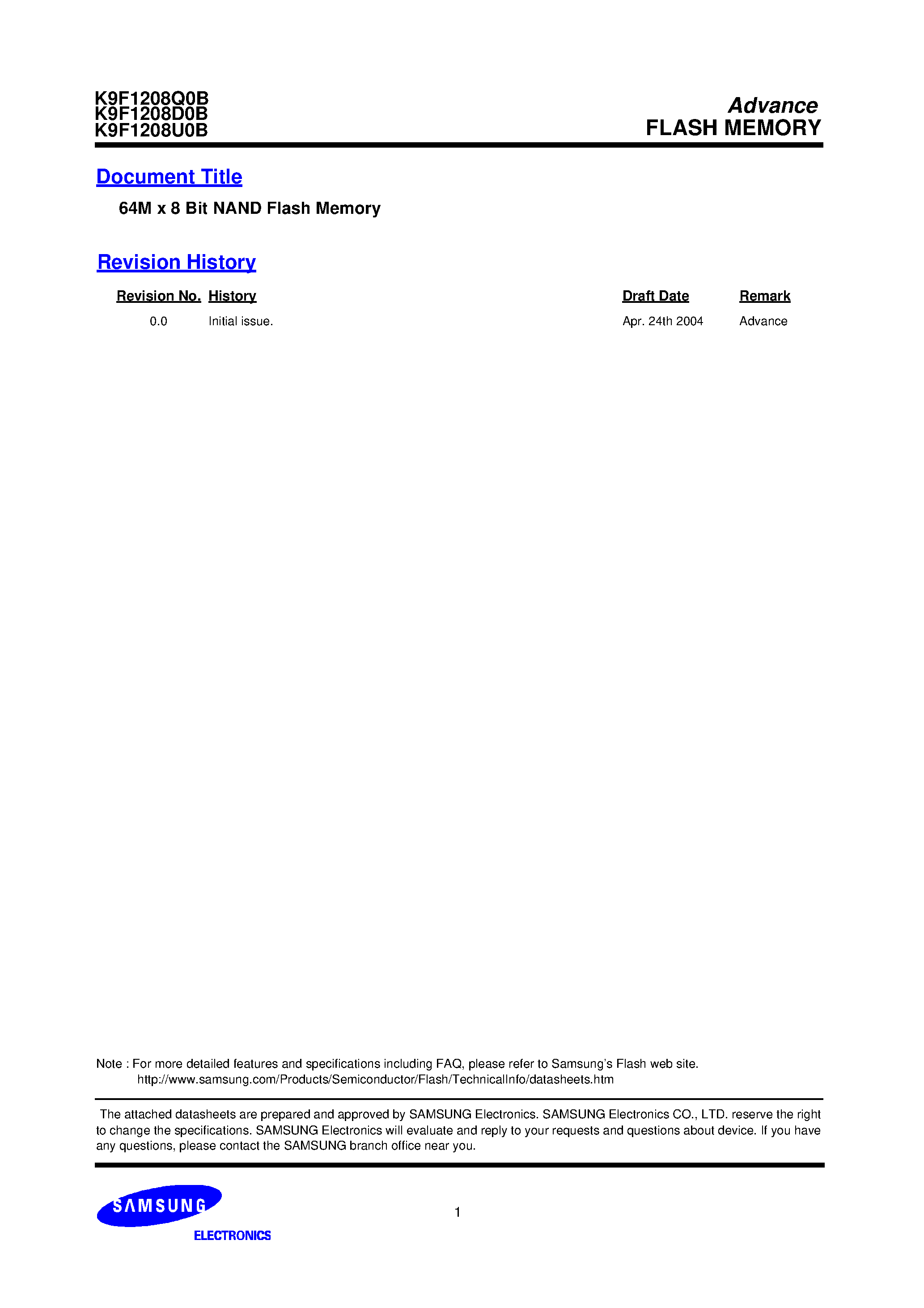Datasheet K9F1208D0B-Y page 1 Datasheet K9F1208D0B-Y - 64M x 8 Bit NAND Flash Memory page 1