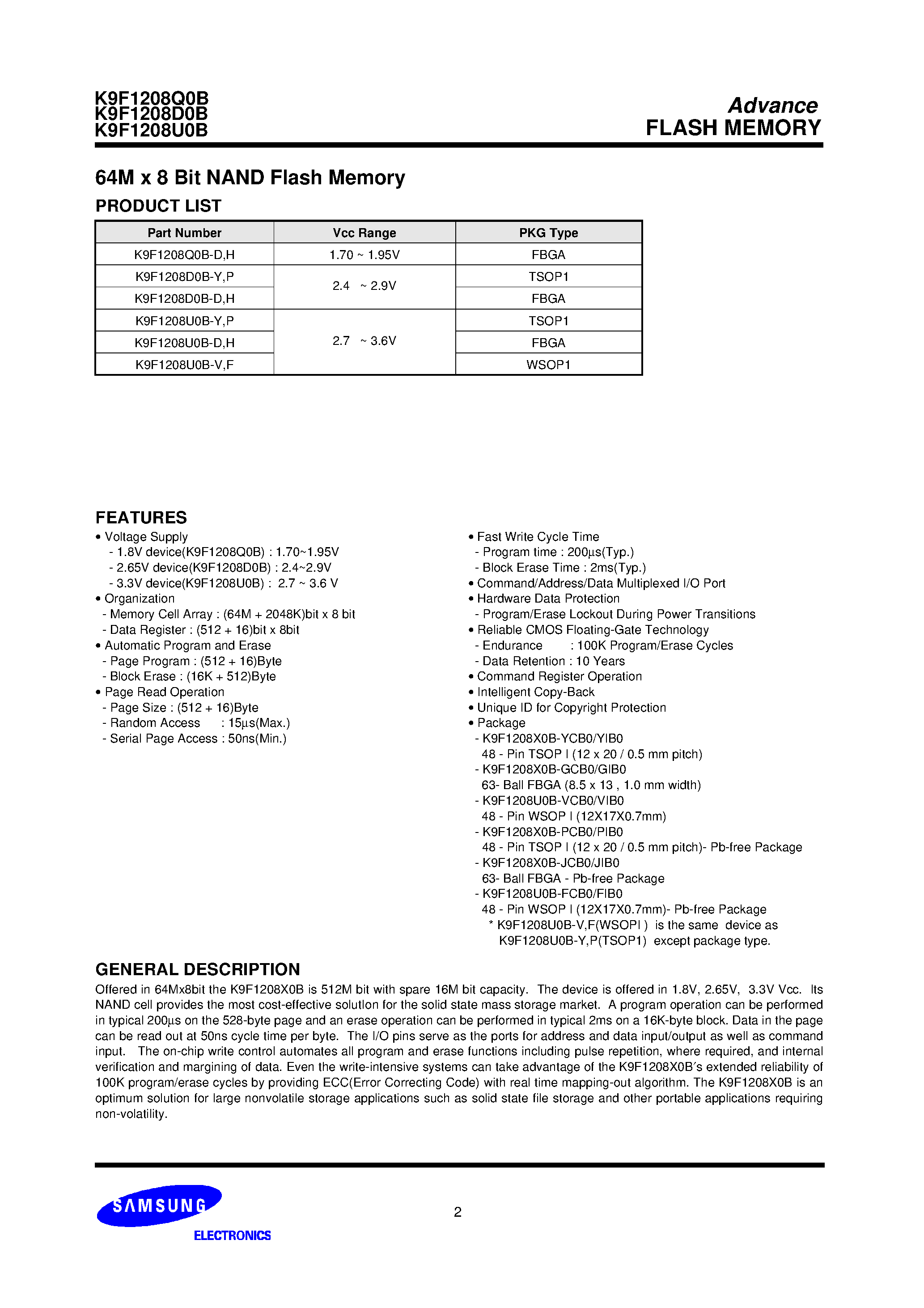 Datasheet K9F1208D0B-Y page 2 Datasheet K9F1208D0B-Y - 64M x 8 Bit NAND Flash Memory page 2