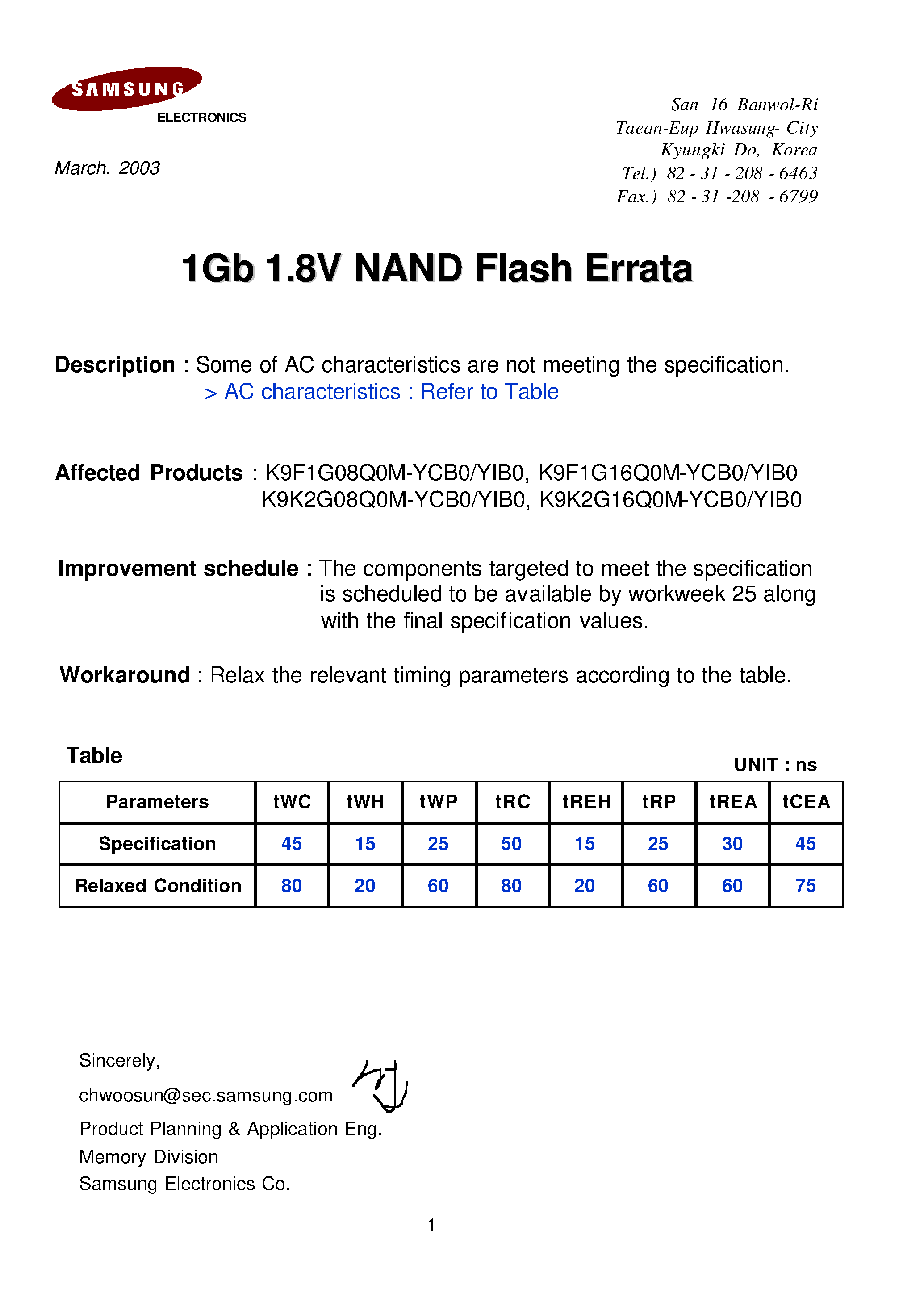 Datasheet K9F1G16U0M - 128M x 8 Bit / 64M x 16 Bit NAND Flash Memory page 1