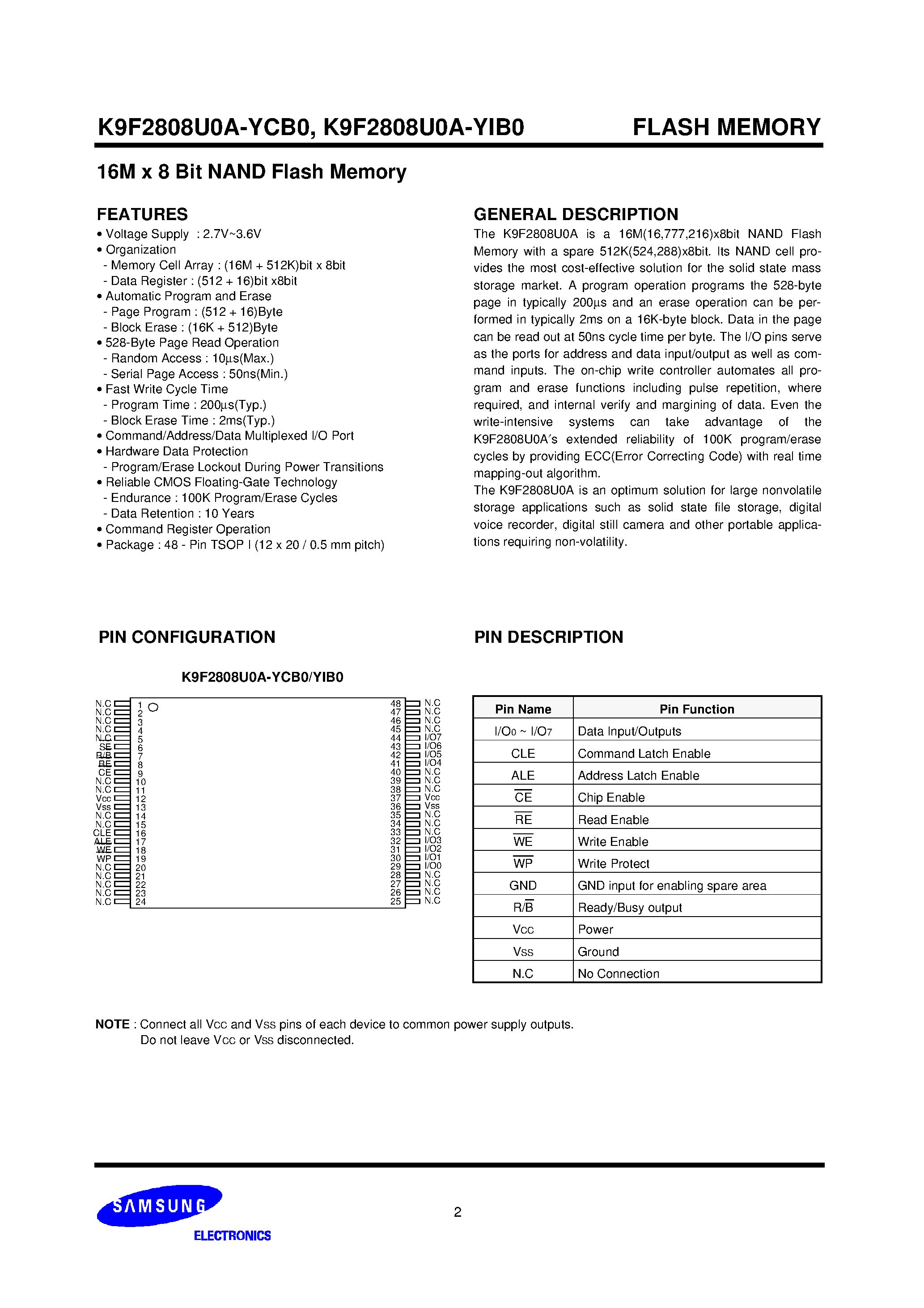 Даташит K9F2808U0A - 16M x 8 Bit NAND Flash Memory страница 2