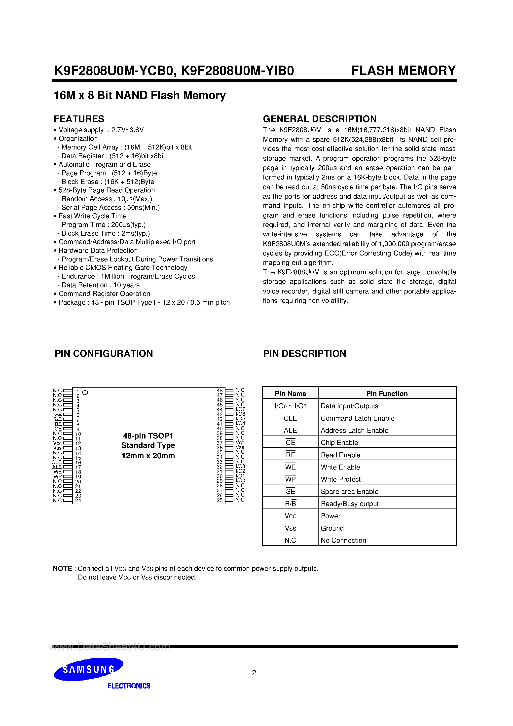 Даташит на микросхему K9F2808U0M- страница 2 Даташит K9F2808U0M- - 16M x 8 Bit NAND Flash Memory страница 2