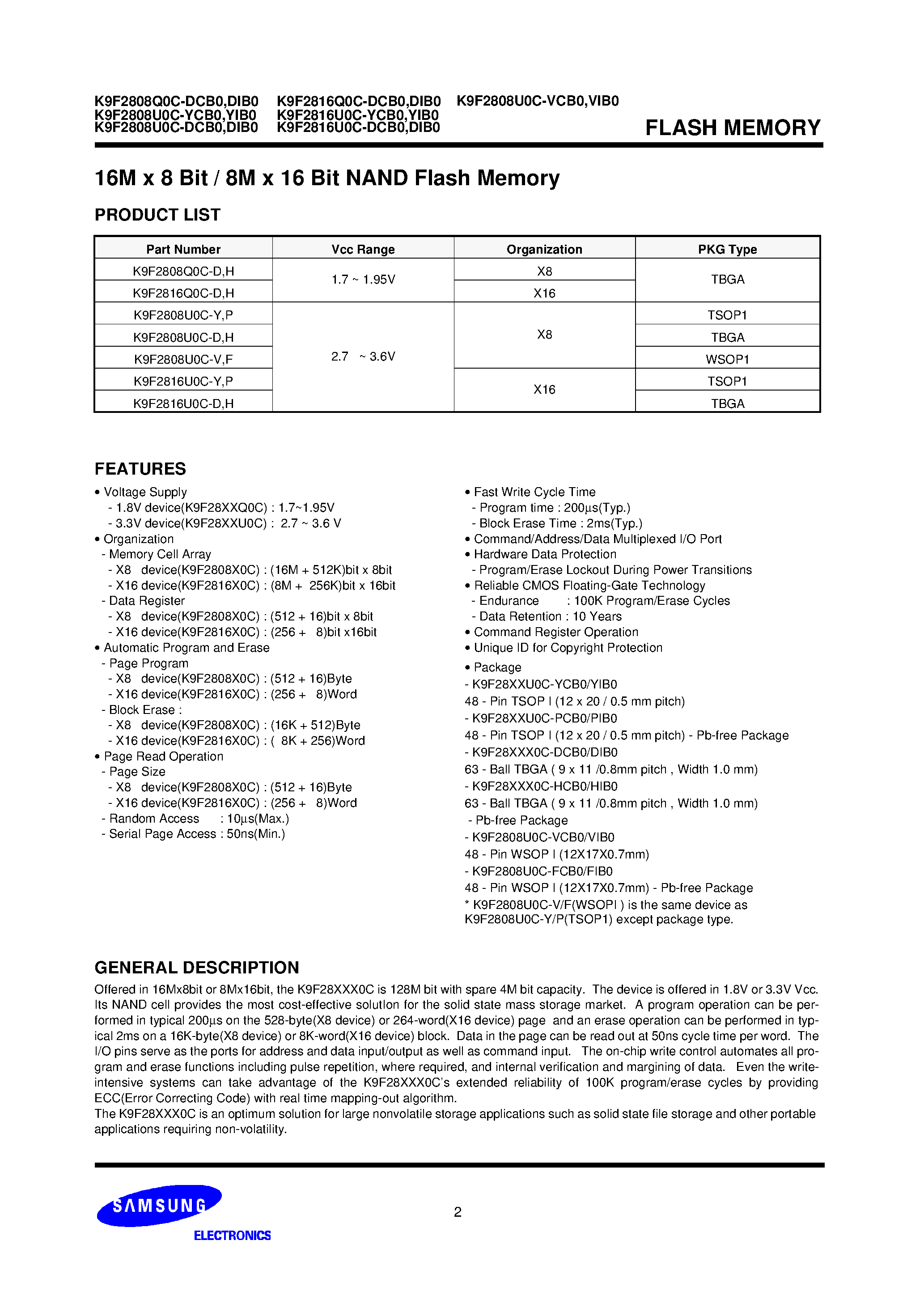 Datasheet K9F2816Q0C-DIB0 - 16M x 8 Bit / 8M x 16 Bit NAND Flash Memory page 2