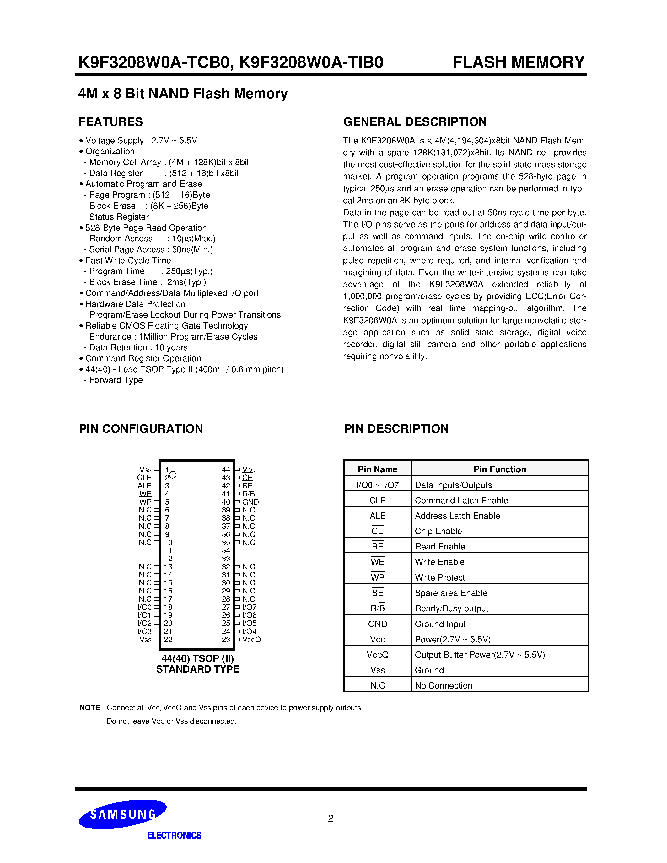 Даташит K9F4008W0A-TCB0 - 512K x 8 bit NAND Flash Memory страница 2