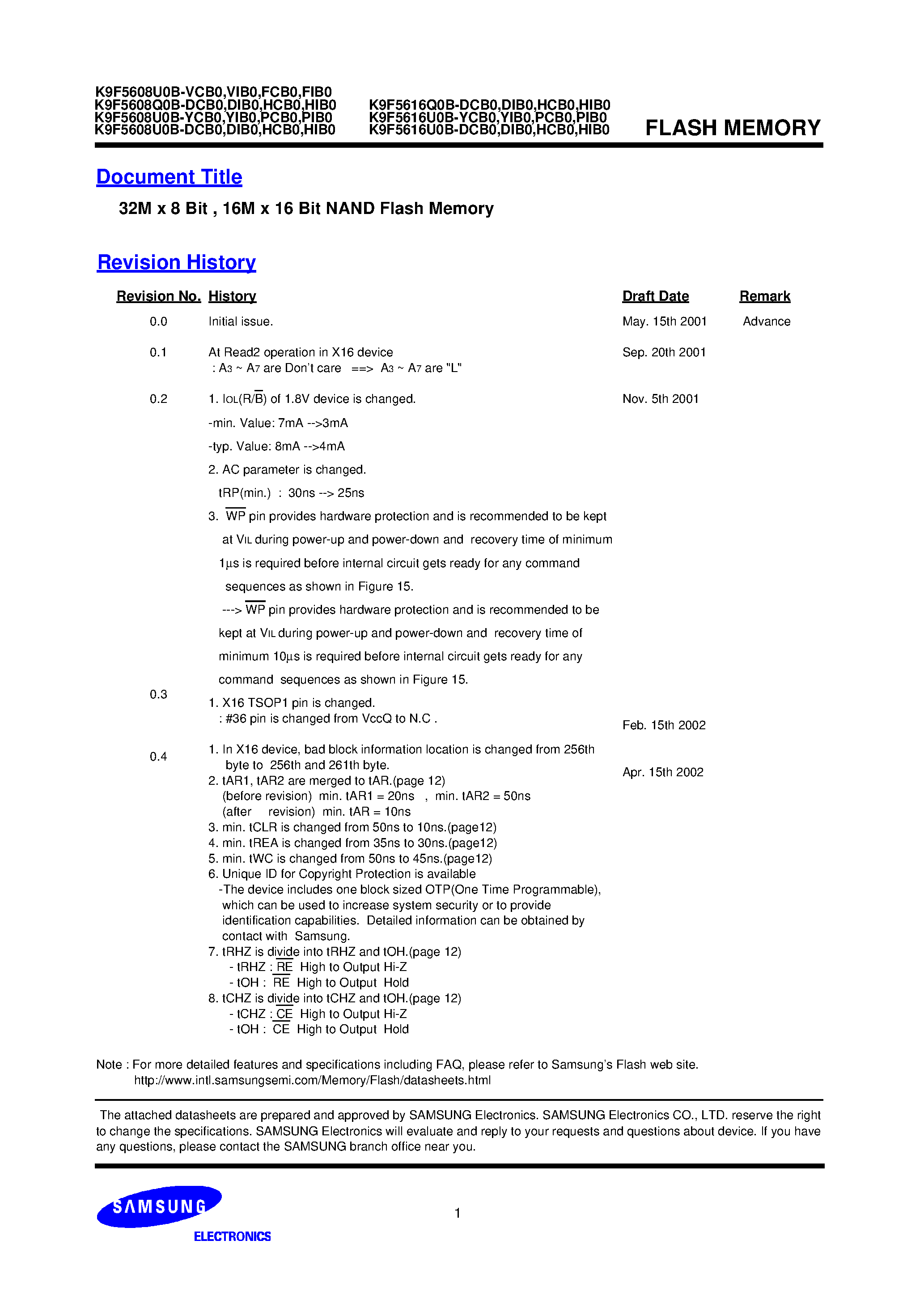 Datasheet K9F5616Q0B-HCB0 - 32M x 8 Bit / 16M x 16 Bit NAND Flash Memory page 1