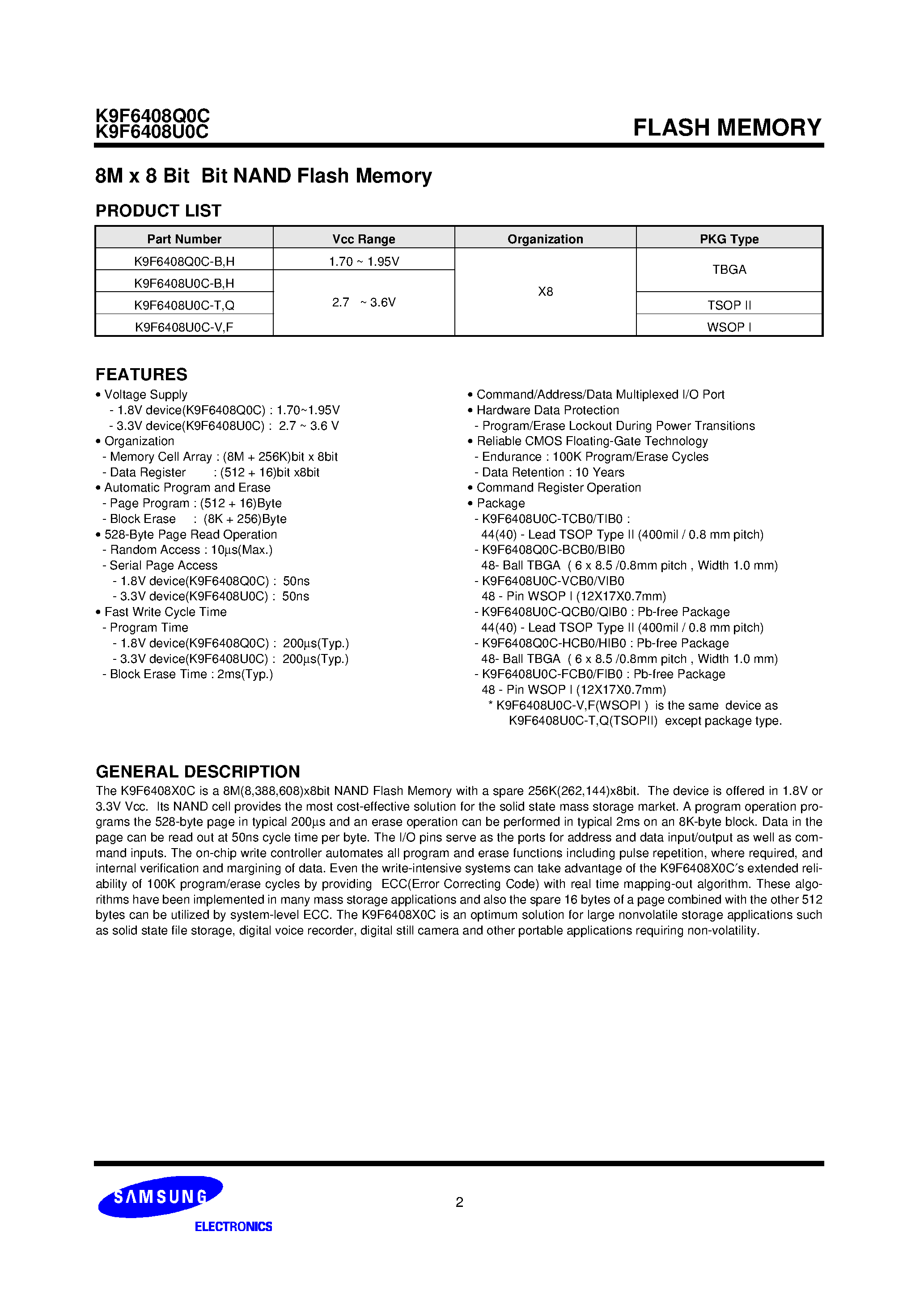 Datasheet K9F6408U0C-T page 2 Datasheet K9F6408U0C-T - 8M x 8 Bit Bit NAND Flash Memory page 2