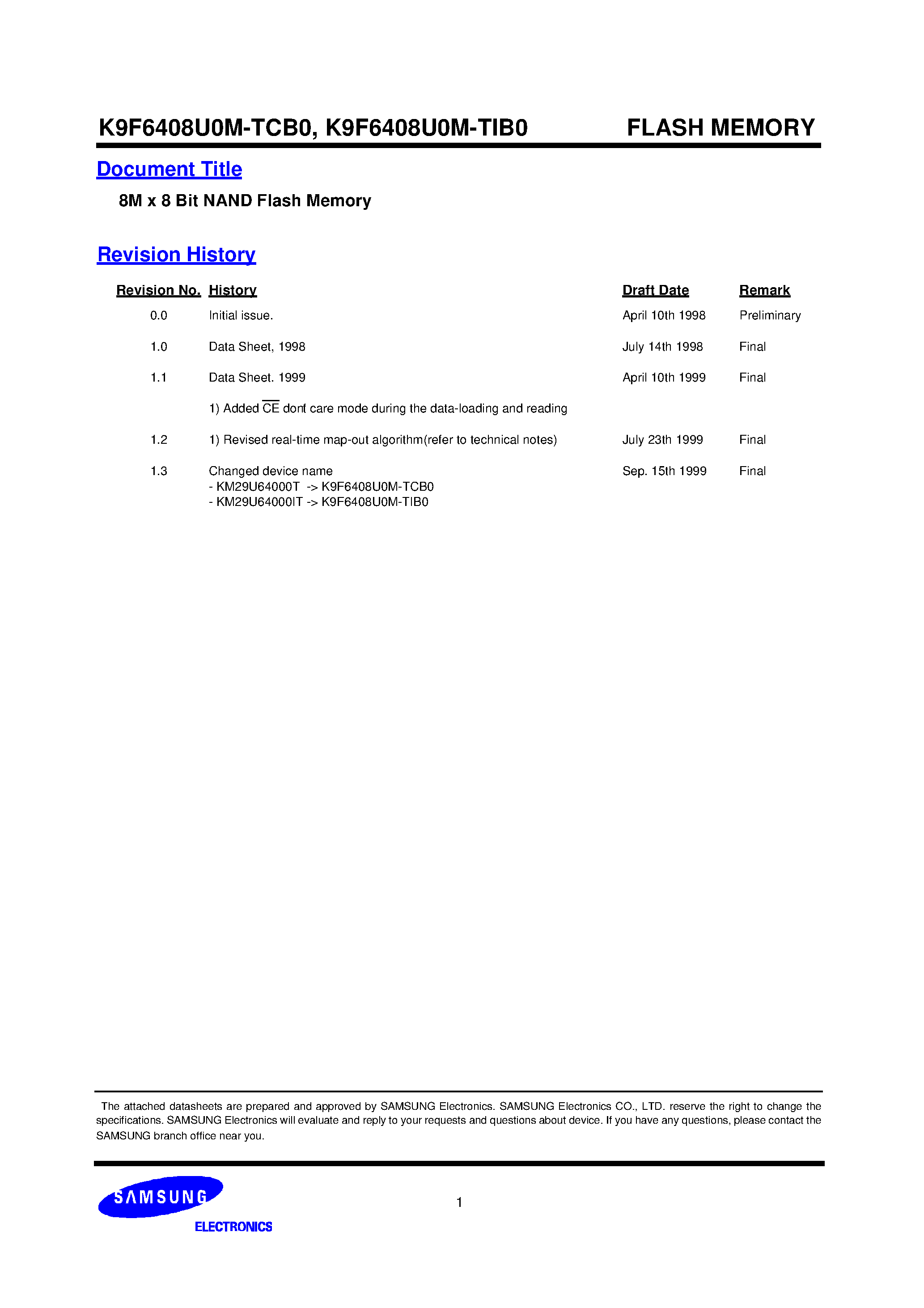 Даташит на микросхему K9F6408U0M-TCB0 страница 1 Даташит K9F6408U0M-TCB0 - 8M x 8 Bit NAND Flash Memory страница 1