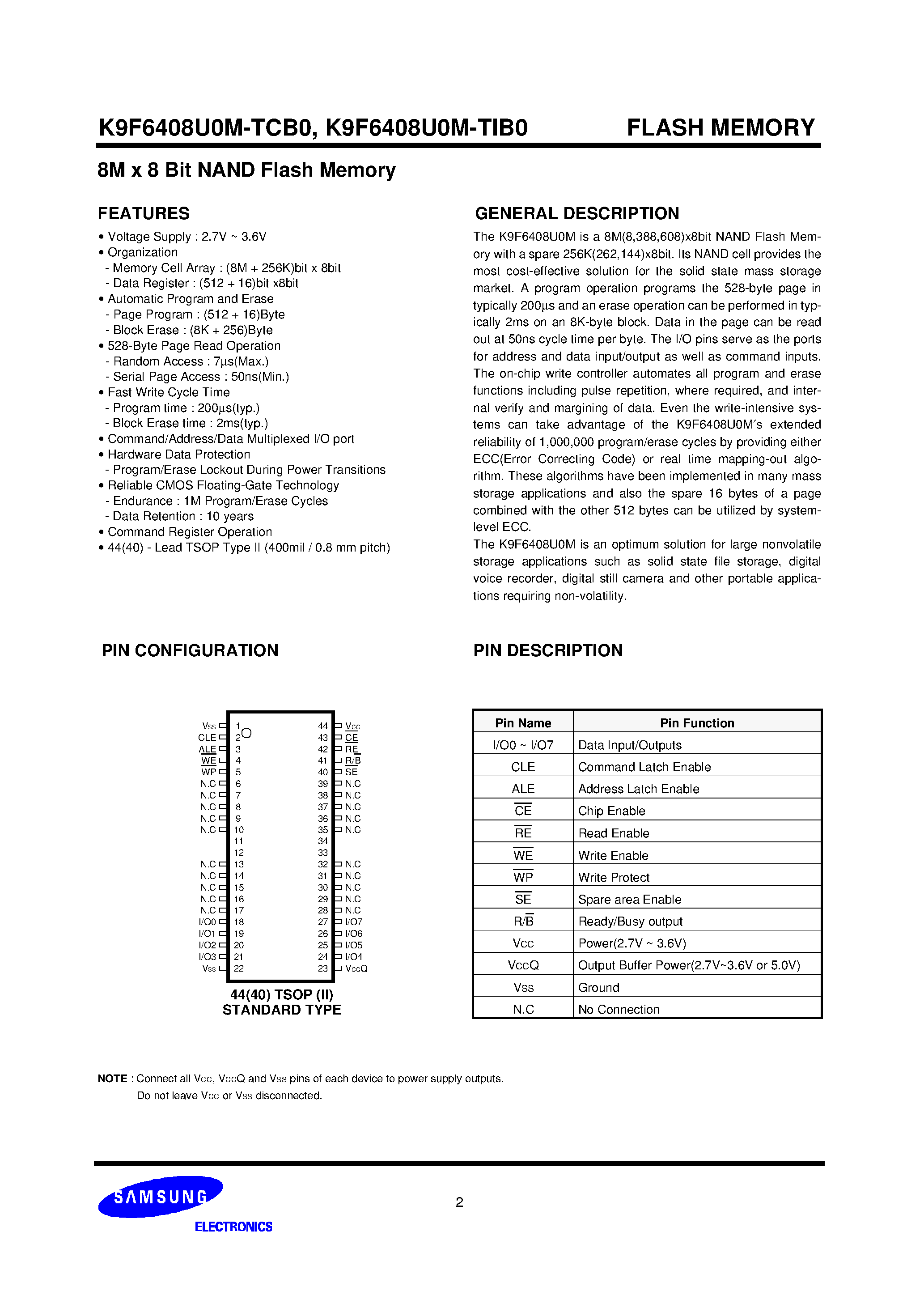 Даташит на микросхему K9F6408U0M-TCB0 страница 2 Даташит K9F6408U0M-TCB0 - 8M x 8 Bit NAND Flash Memory страница 2