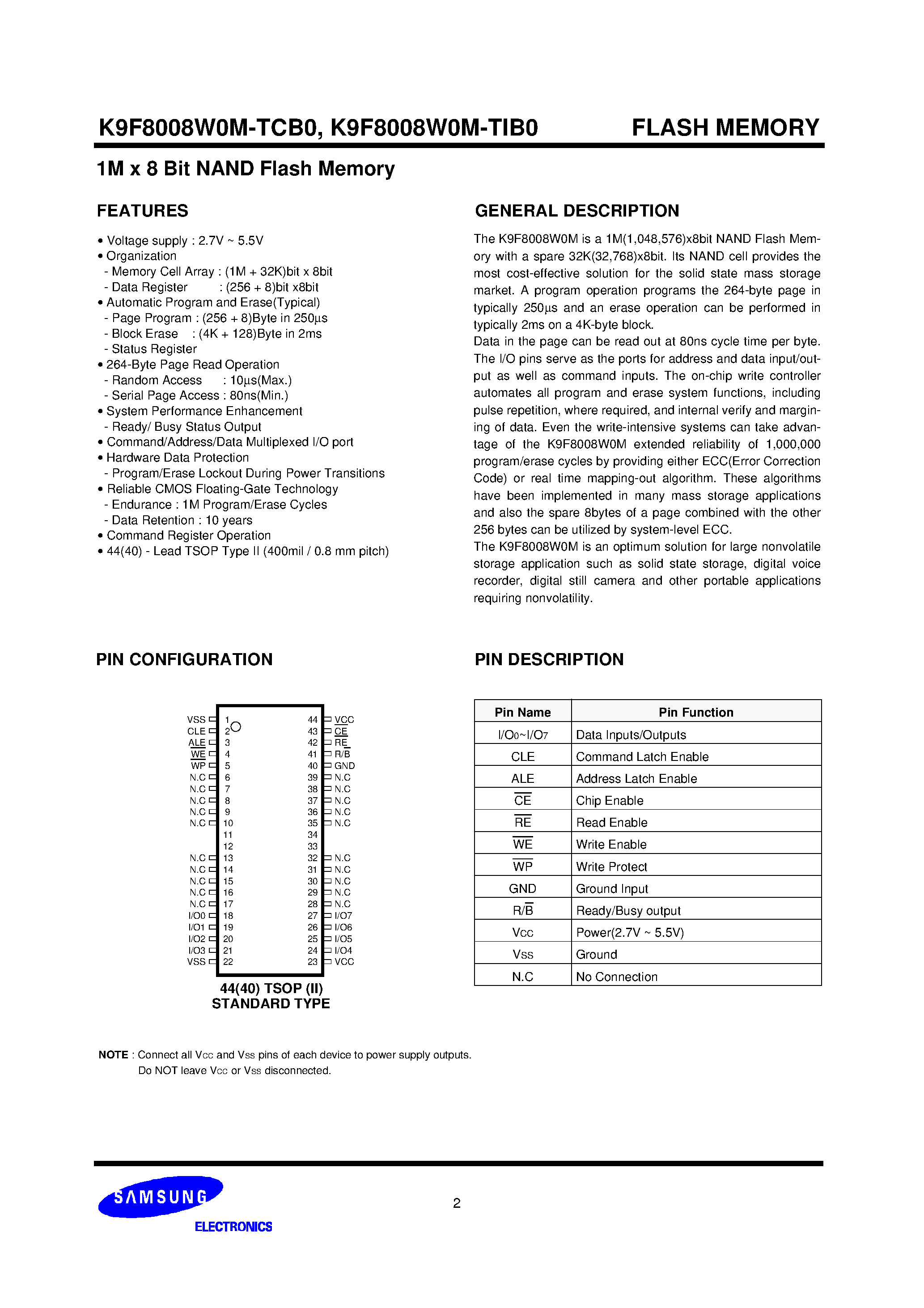 Даташит K9F8008W0M-TIB0 - 1M x 8 bit NAND Flash Memory страница 2