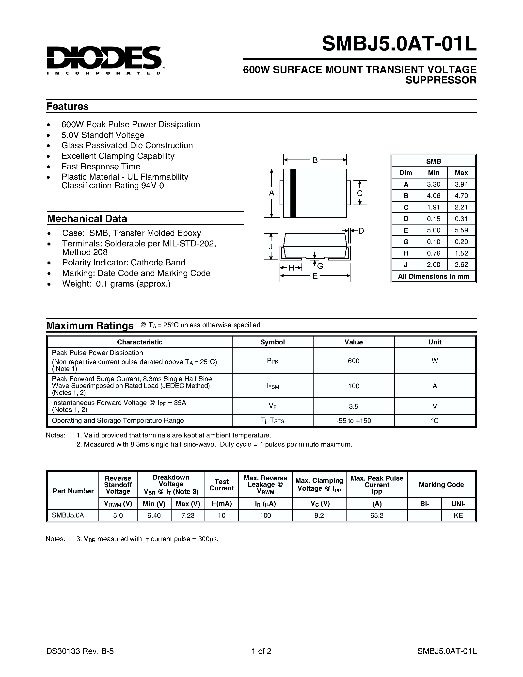 Datasheet SMBJ50CA - 600W SURFACE MOUNT TRANSIENT VOLTAGE SUPPRESSOR page 1