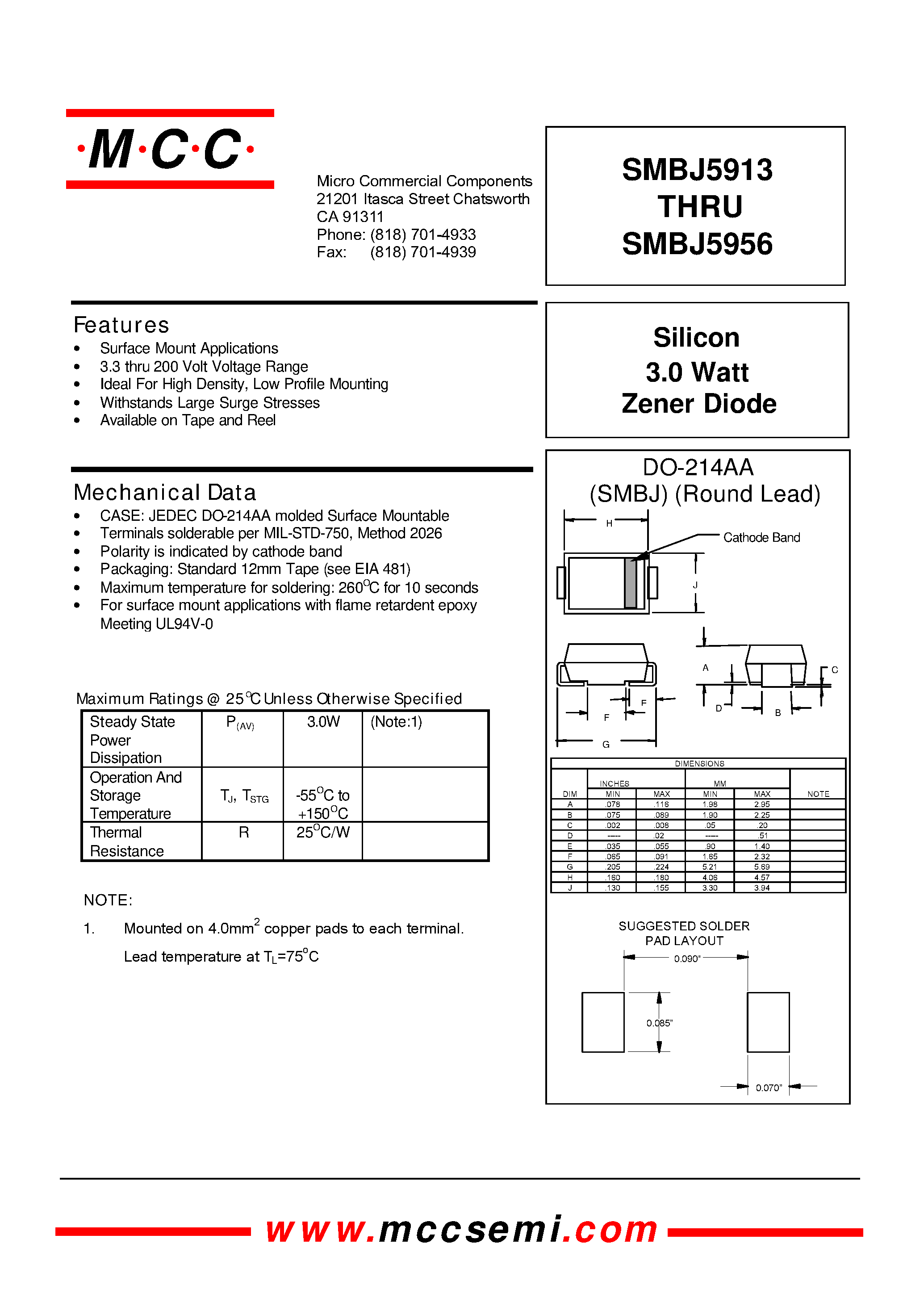 Datasheet SMBJ5913 page 1 Datasheet SMBJ5913 - Silicon Zener Diode 3.0 Watt page 1